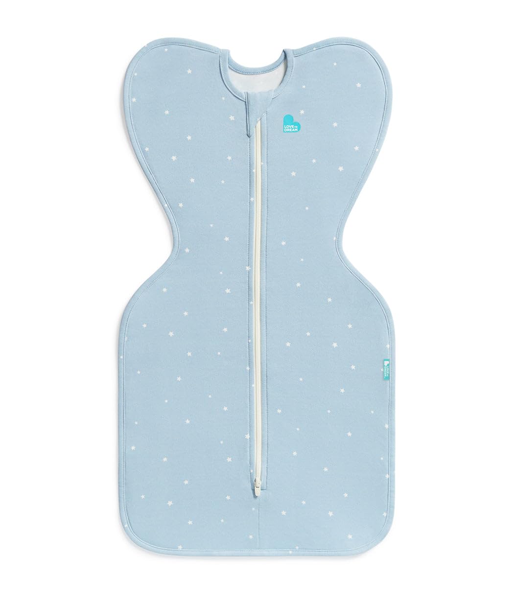 Love to Dream Swaddle Up Original, Arms Up Position, Light and Ultra Breathable Cotton - Wearable Blanket - 1.0 TOG - (20-24Β°C) Ideal for Moderate Temps (Twinkle Powder Blue, Medium, 6β8.5kg)