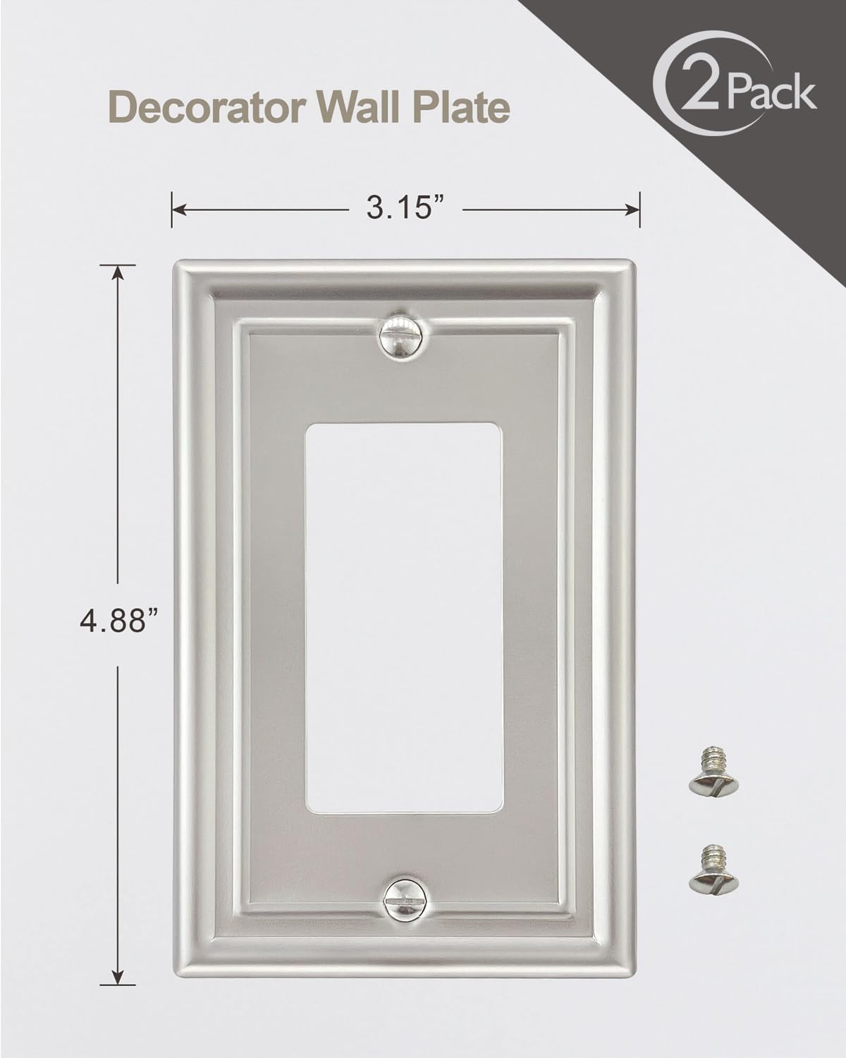 2-Pack Decorator Wall Plate, Satin Nickel Electrical Outlet Cover Plate for Receptacle, Dimmer Switch, GFCI Outlet, 3.15''*4.88'', Midsize, A035 Series