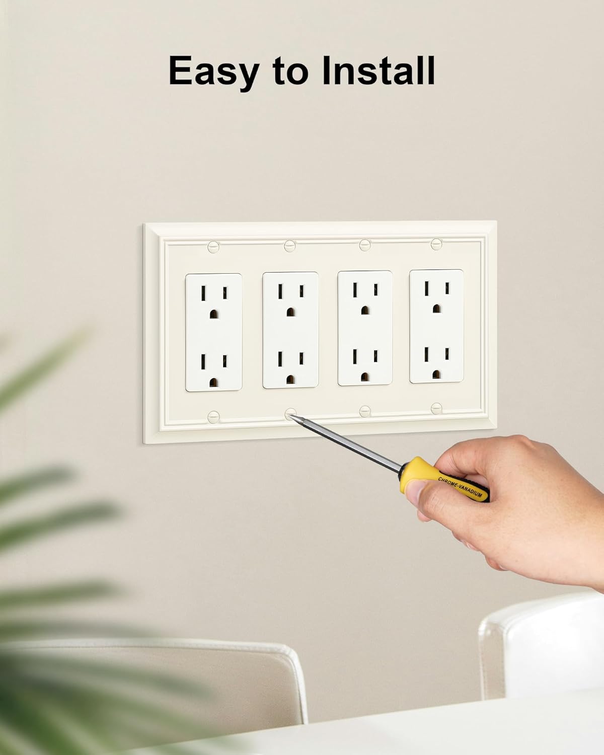 2-Pack Quad Decorator Wall Plate, Light Almond Decorative Switch Plates and Outlet Covers, Natural Bamboo Fiber 4 Gang Wall Plate for Electrical Outlets, Receptacle, GFCI Outlet, Dimmer Switch