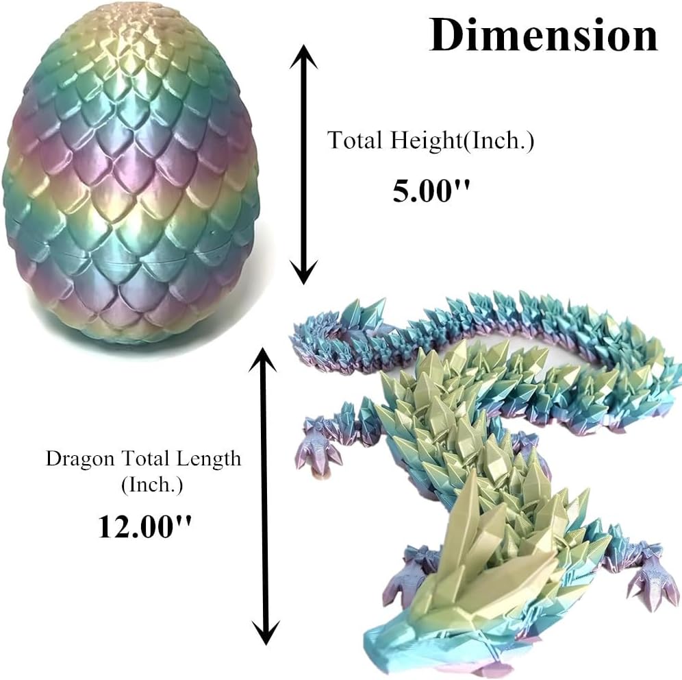 3D Printed Dragon Fidget Toys Dragon Egg 12inch Flexible Dragon Toy 3D Printed Dragon Egg with Articulated Dragon Inside Fidget Toys for Autism/ADHD Easter Toys Gifts(RainbowMulti)