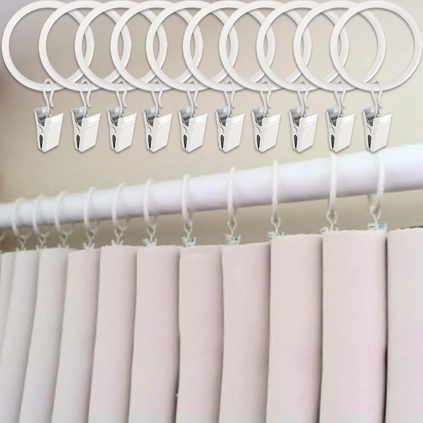40 Pack White Curtain Rings with Clips, Curtain Hooks Hangers Clip Rings for Hanging Drapes Bows Hat, Drapery Rings 1.5 in I D, Fits up to 1.2 in Diameter Curtain Rod.
