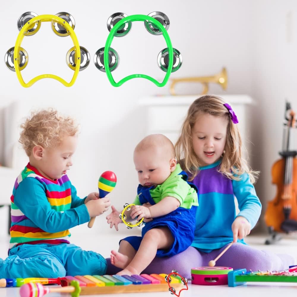 8 Pack Plastic Percussion Tambourine Hand Tambourine Bells, Mini Percussion Tambourines Bulk Hand Held Percussion Drum Musical Rhythm Instrument for Adults Kids Party Supplies(4 Colors)