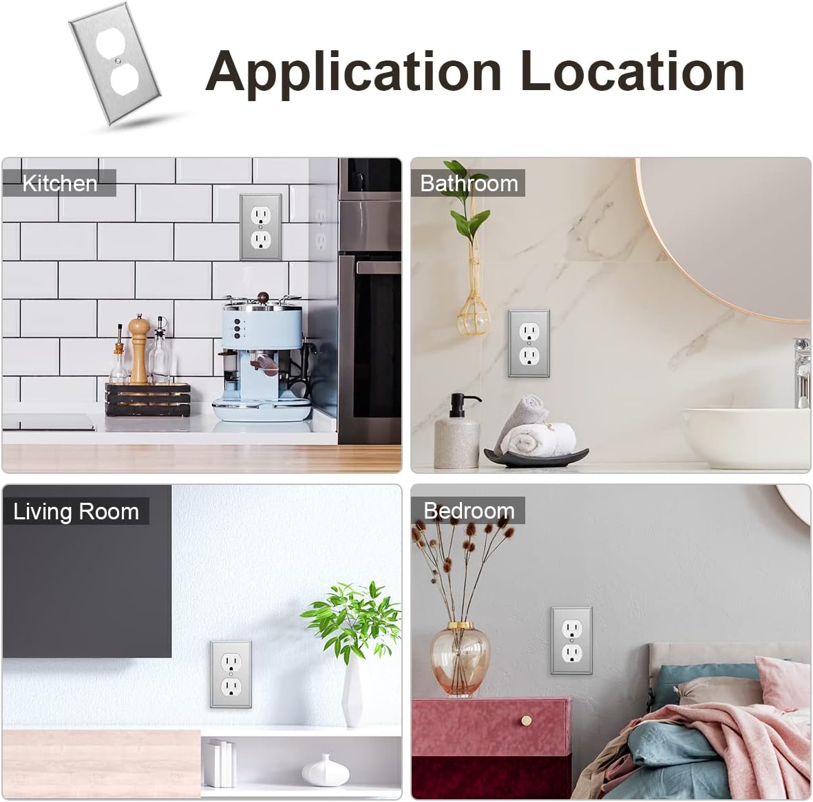 4-Pack Single Duplex Wall Switch Plate Outlet Cover - Stainless Steel Decorator Receptacle Outlet Plate Covers - Brushed Finish - Silver