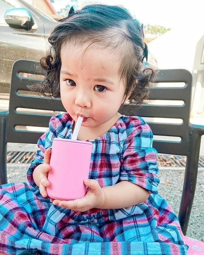 Avanchy Silicone Training Sippy Cup with Straw Lid – Tiny Cup for Babies 6+ Months to Toddlers 1 Year Old – 5 oz Infant Water Cup for Baby Led Weaning, Pink