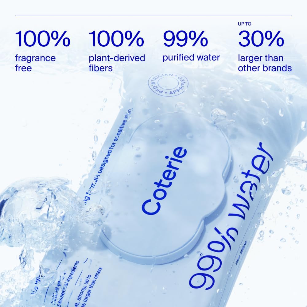 Coterie Baby Wipes + Diapers Kit, Size 1 (99 Count) & Size 2 Diapers (186 Count), 4 Pack (224) Baby Wipes with 99% Water, Plant Based Materials, Hypoallergenic for Sensitive Skin