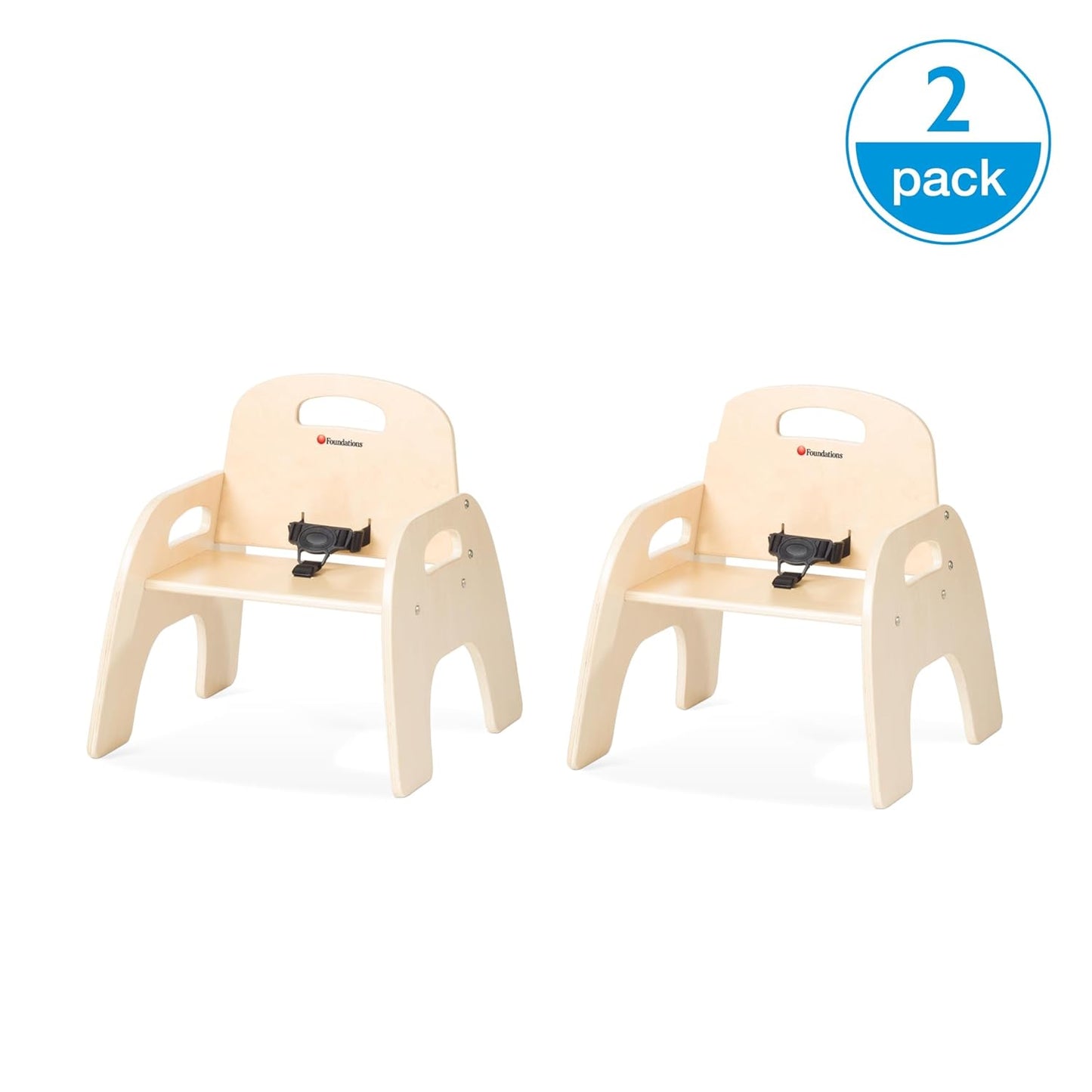 Foundations Simple Sitter 13” Low Wood Feeding Chairs, Wide No-Tip Base, Adjustable Safety Harness, Stackable Wood Toddler Chairs with Food Service Grade Finish, 2 Pack