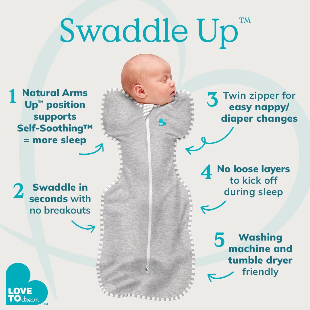 Love To Dream Swaddle UP, Gray, Newborn, 5-8.5 lbs., Dramatically better sleep, Allow baby to sleep in their preferred arms up position for self-soothing, snug fit calms startle reflex