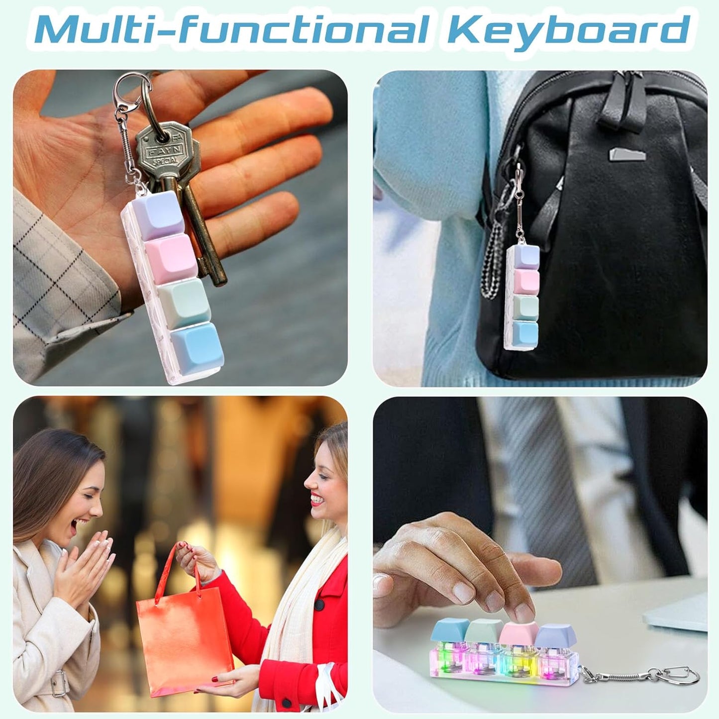 Keyboard Fidget Toys Adults Fidget Keyboard Clicker with LED Light Keychain Sensory Toys for Anxiety Stress Relief (Macaron2, 4 in 1)