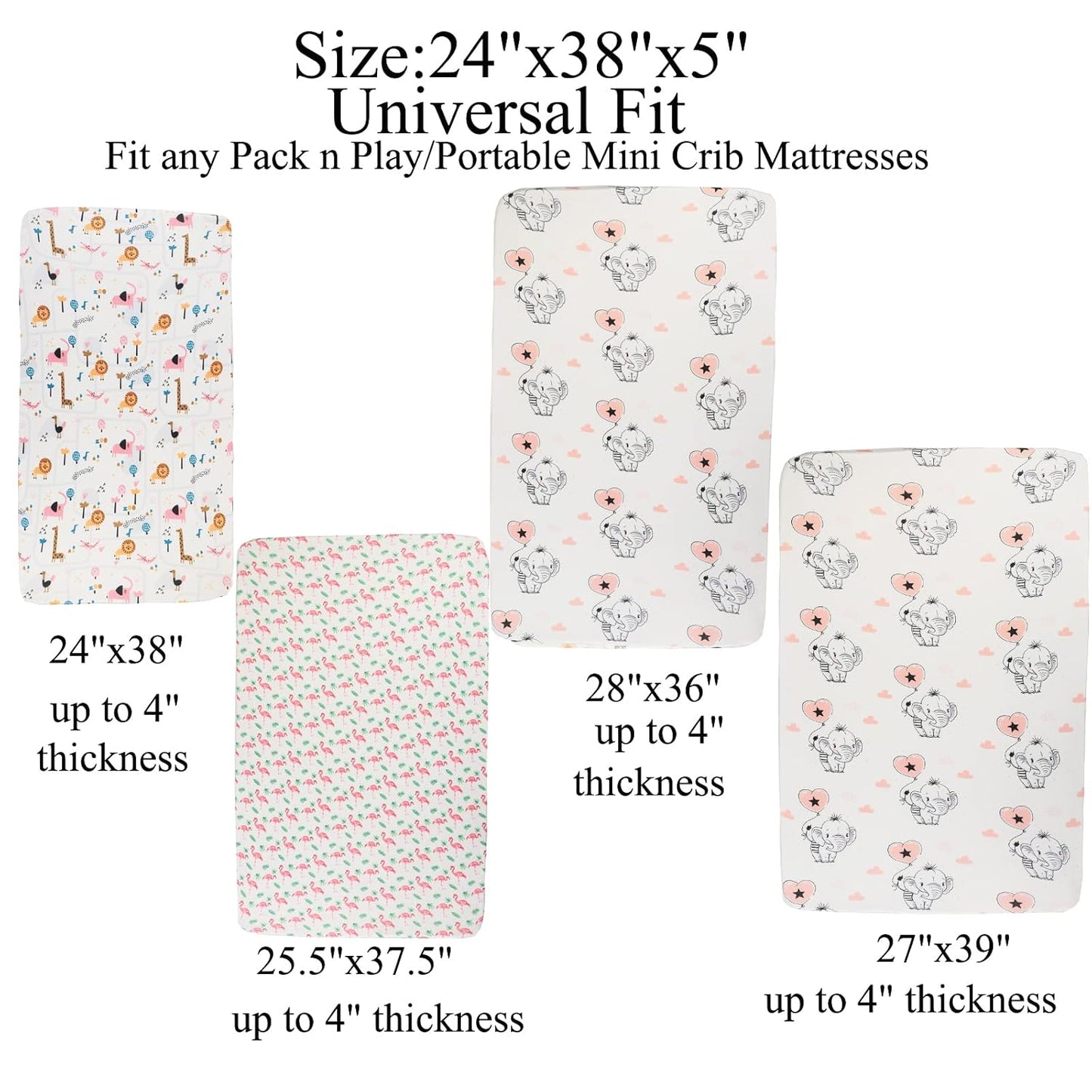 Pack n Play Sheet Stretchy Fitted Portable Mini Crib Sheets Set 3 Pack,Playard Sheets Convertible Playard Mattress Cover,Ultra Soft Jersey Material,Flamingo Elephant & Lion
