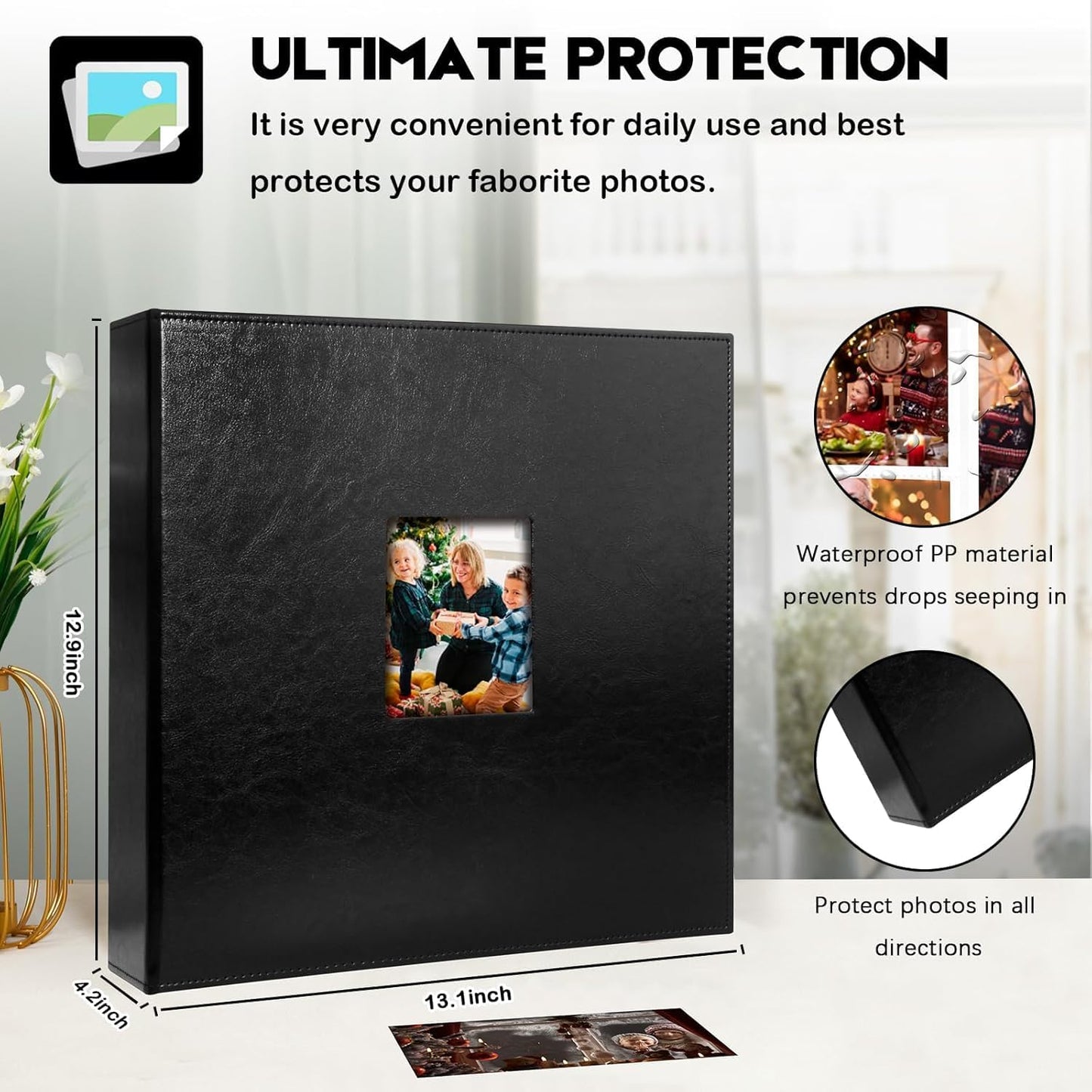 Aevdor 1000 Pockets Photo Album 4x6, Extra Large Capacity Leather Cover Wedding Family Photo Albums Holds 1000 Horizontal and Vertical Photos, Acid-free Pages 4x6 Photo Album with Front Window (Black)