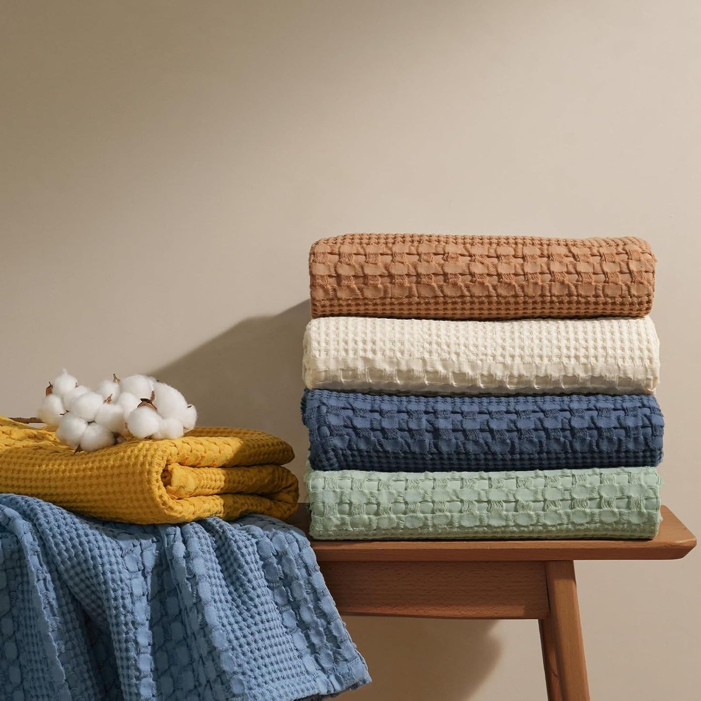 PHF 100% Cotton Waffle Weave Blanket King Size, Soft Lightweight Breathable Cozy Summer Blankets for Bed, Luxury Aesthetic Woven Bedding for Home Decor, 108"x90", Undyed