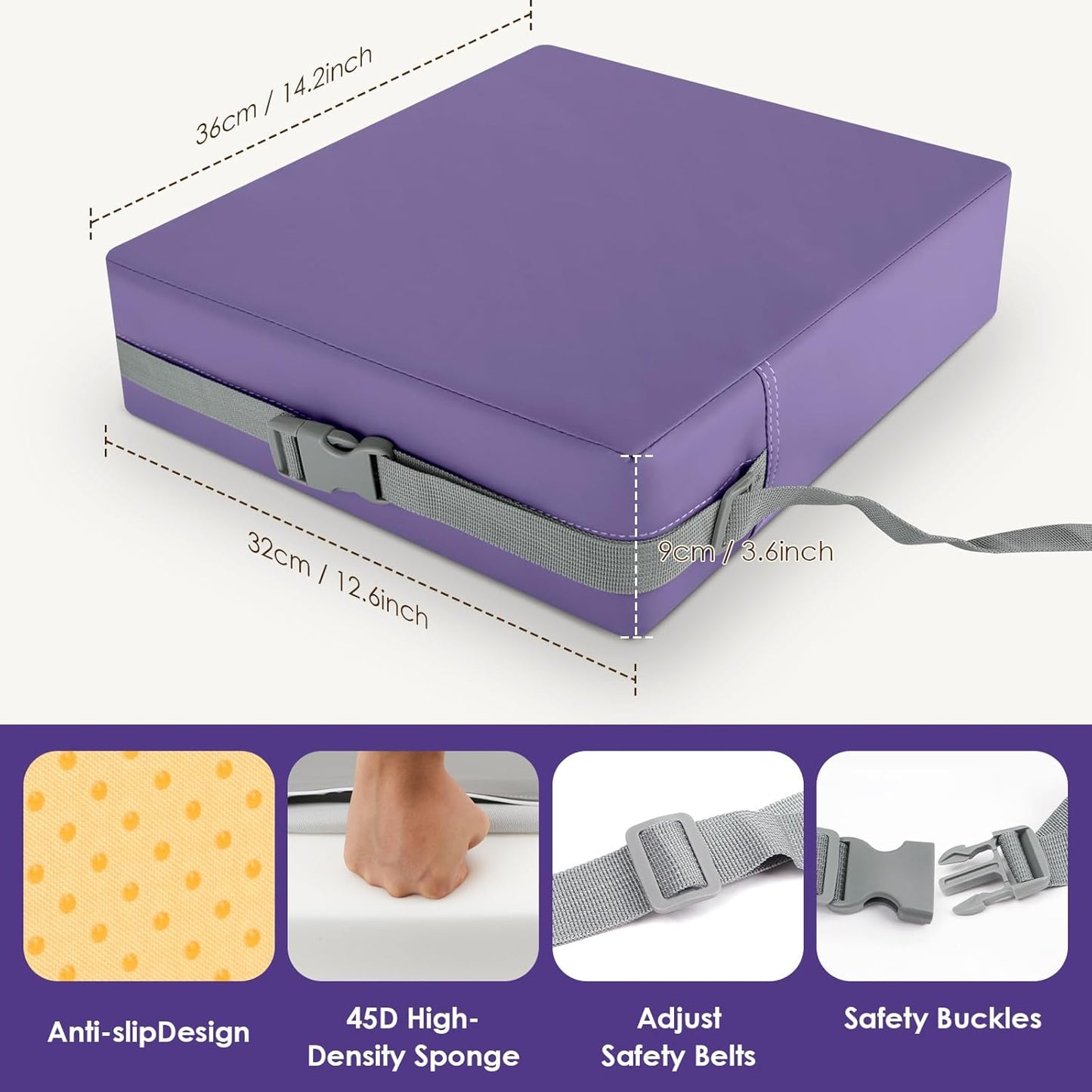 Booster Seat for Kitchen Chair with Comfy Backrest and Adjustable Safety Buckles,Non-Slip Kid Toddler Booster Seat for Dining Table,Portable PU Travel Baby Booster Increasing Cushion Chair