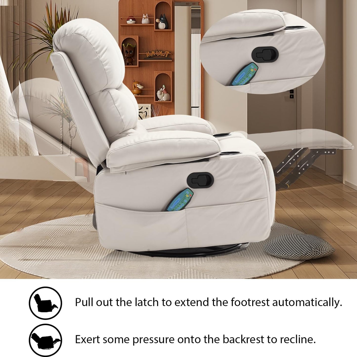 KCQ Massage Swivel Rocker Recliner Chairs with Heat Cup Holders Faux Leather Overstuffed Manual Reclining Chair Rocking Glider Chair for Adults, Beige