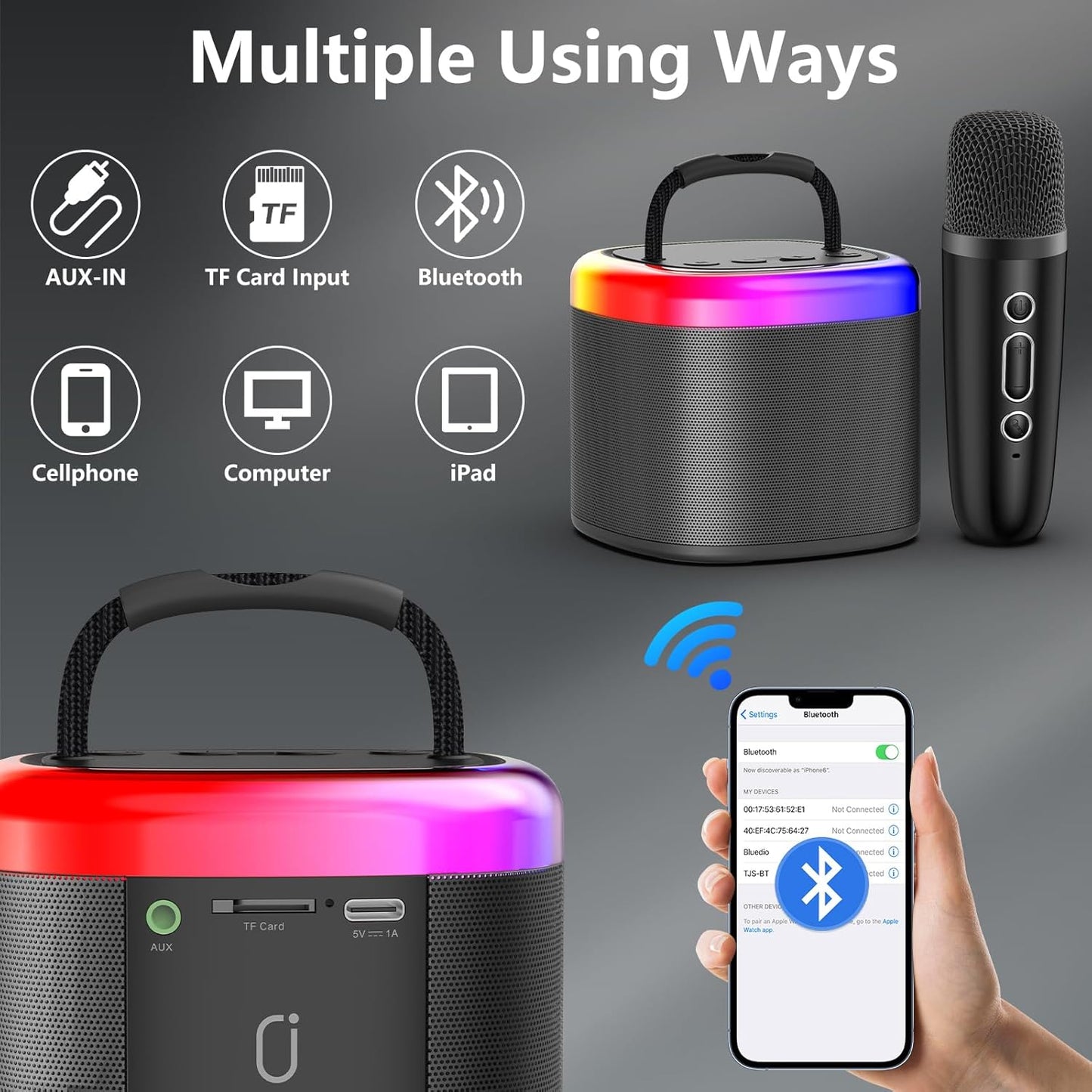 JYX Mini Karaoke Machine for Kids - Black Bluetooth Speaker Unpowered Cabinets with Party Lights and 1 Wireless Microphone, Great for Adults, Ideal for Family Home Parties and Birthday Gifts