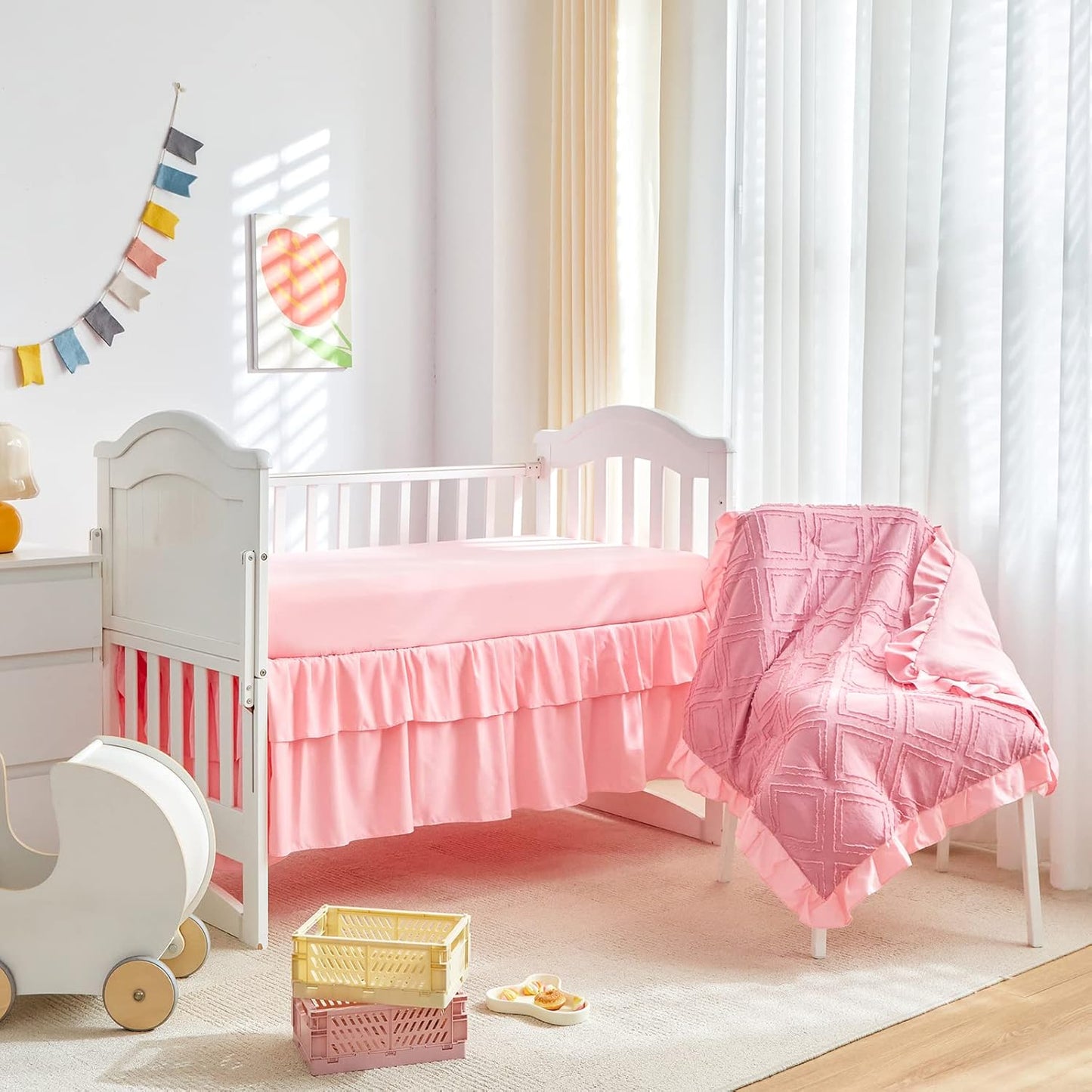 Tufted Ruffle Crib Bedding Set 3 Pieces Baby Boho Quilted Comforter with Fitted Sheet and Bed Skirt - Cute Ruffled Shabby Chic Baby Bedding Soft Blanket Design Pink