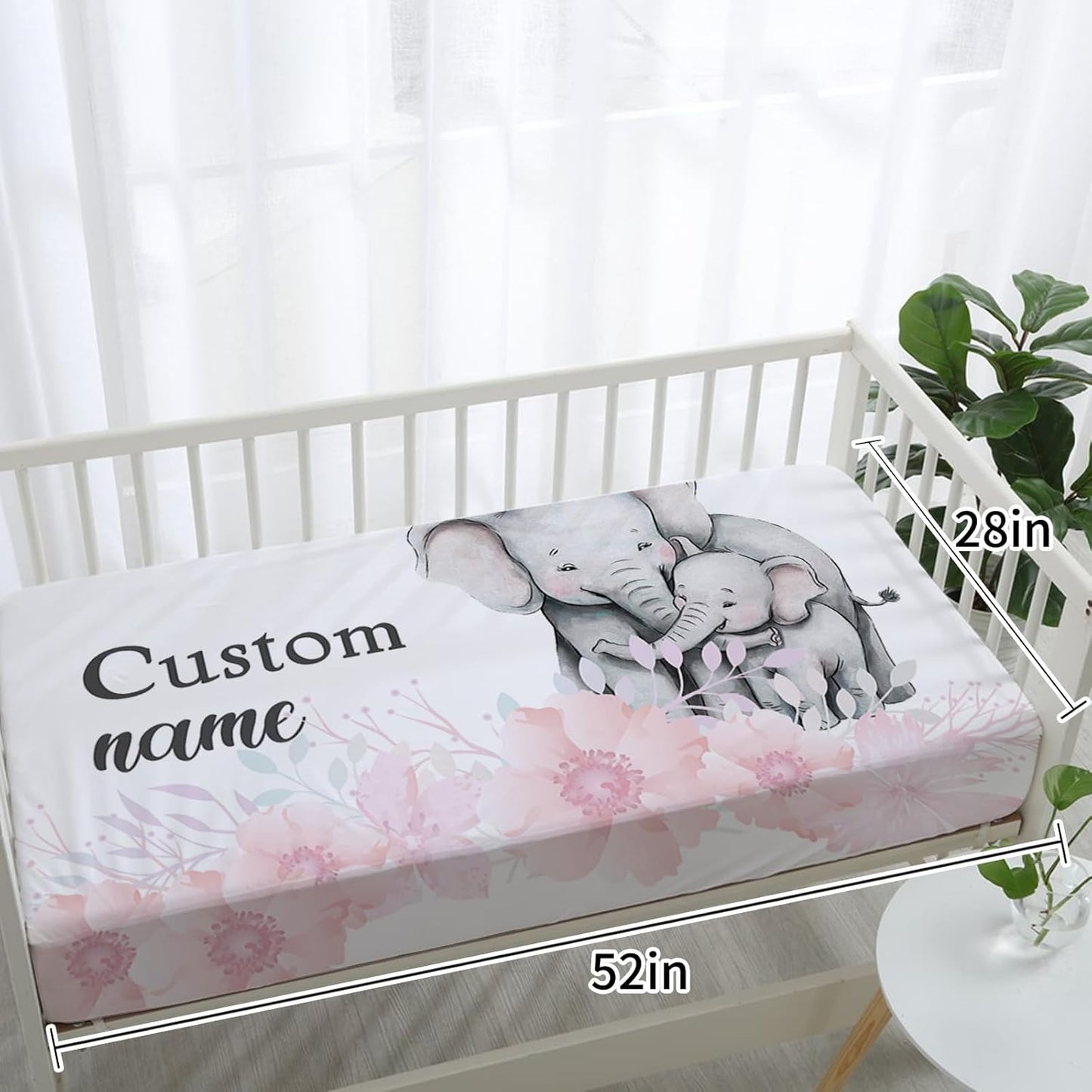 Personalized Baby Crib Bedding Set for Baby Girls, Pink Elephant Design Custom Name Baby Crib Sets 5-Pcs, Toddler Double Layer Blanket Fitted Sheets Changing Pad Cover Rug Wall Art Set
