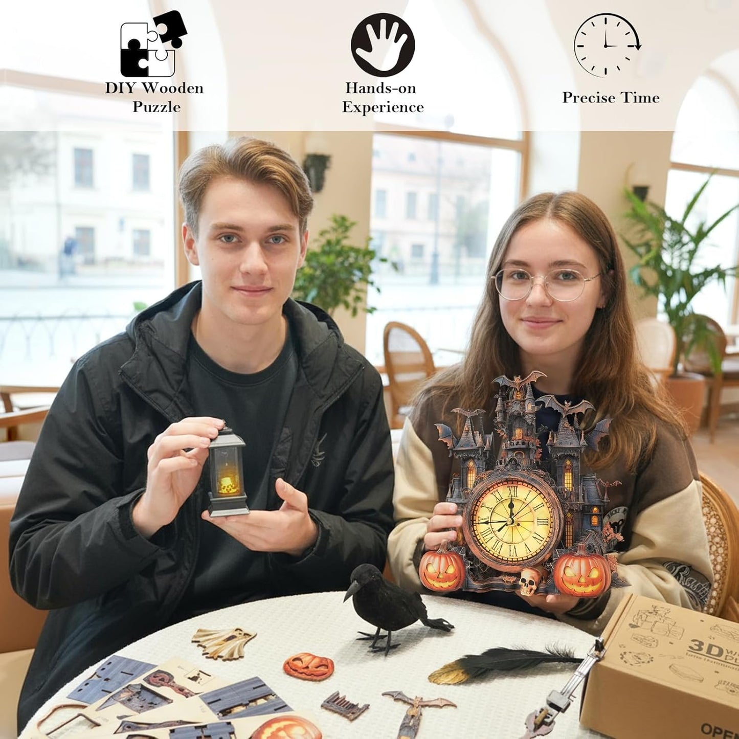 3D Puzzles for Adults Clock-Halloween Cottage Design Model Kit-Mechanical DIY Pendulum Clock with Roman Numerals-Desk Home Office Decor Personalized Gift for DIY Lovers