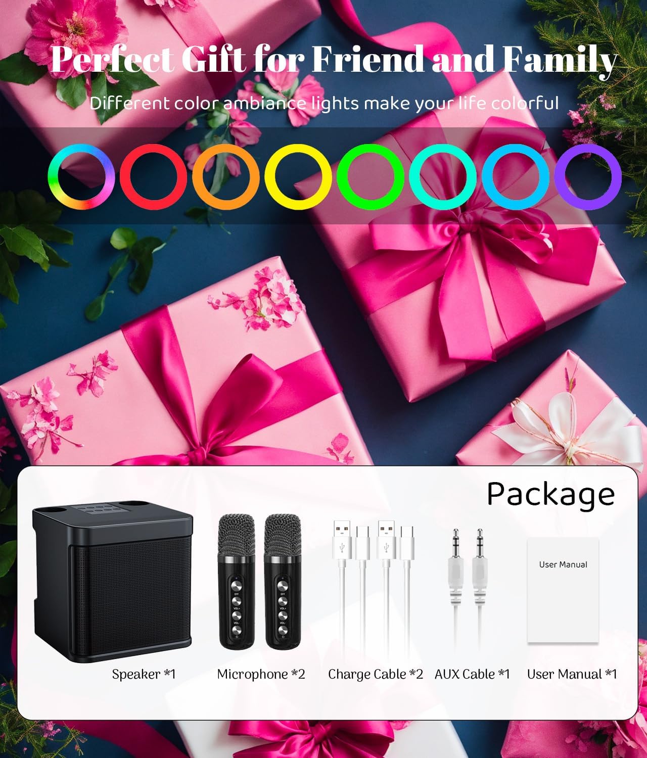 Karaoke Machine for Adults and Kids with 2 Wireless Microphones,Portable Bluetooth Speaker PA Speaker System with LED Party Lights for Home Party, Picnic,Car,Outdoor/Indoor/Birthday Gifts