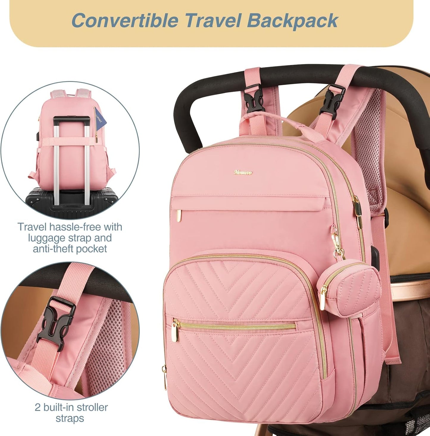 MOMUVO Diaper Bag Backpack, Quilted Baby Bag with Changing Pad & Stroller Straps & Pacifier Case, Large Travel Diaper Bags for Mom Dad, Pink