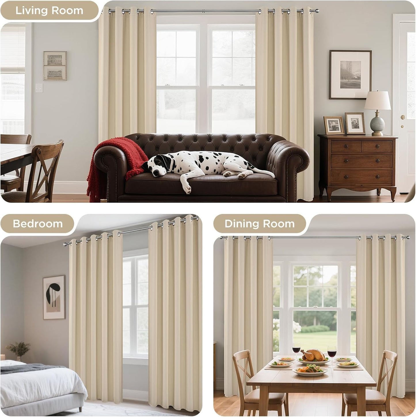 Joydeco Blackout Curtains 108 Inch Length 2 Panels Set, Thermal Insulated Long Curtains& Drapes 2 Burg, Room Darkening Grommet Drapes for Living Room Bedroom Window (W52 x L108 Inch, Light Beige)