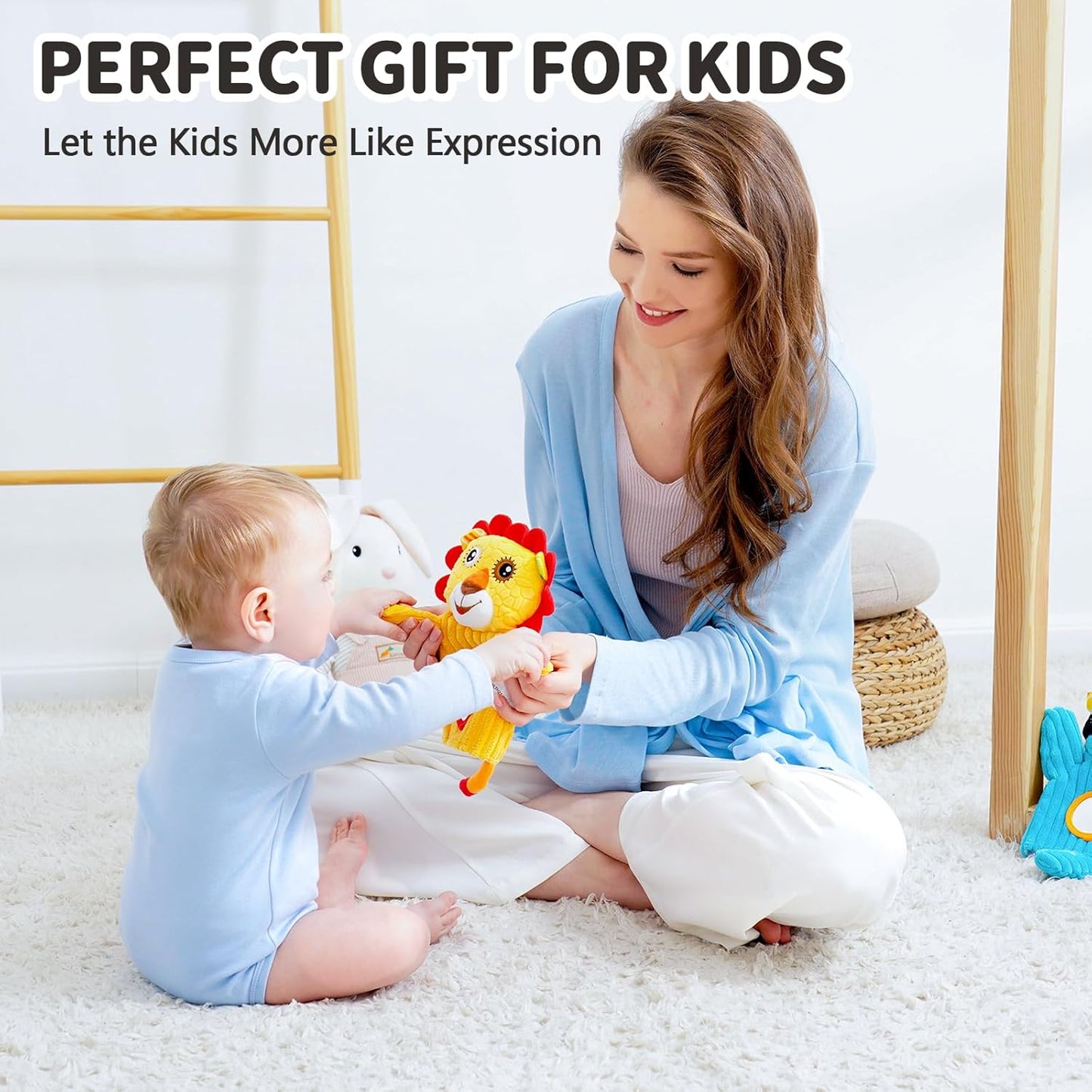 Jollybaby Hand Puppets Baby Toy 0-6-12 Months, Plush Stuffed Animal Hand Puppets Toys for Kids,Sensory Doll with Rattle and Mirror for Toddler,Social Emotional Play Therapy Toys for Boy Girl Gift