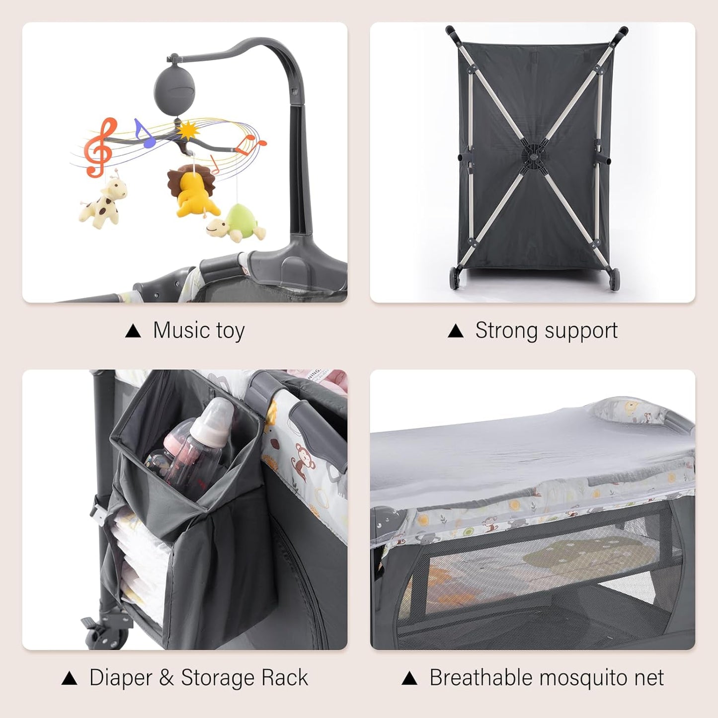 5 in 1 Infant Newborn Baby Crib,Baby Bassinet Bedside Cribs,Pack and Play and Changing Table,Portable & Music Box,Portable Travel Crib,Dark Gray
