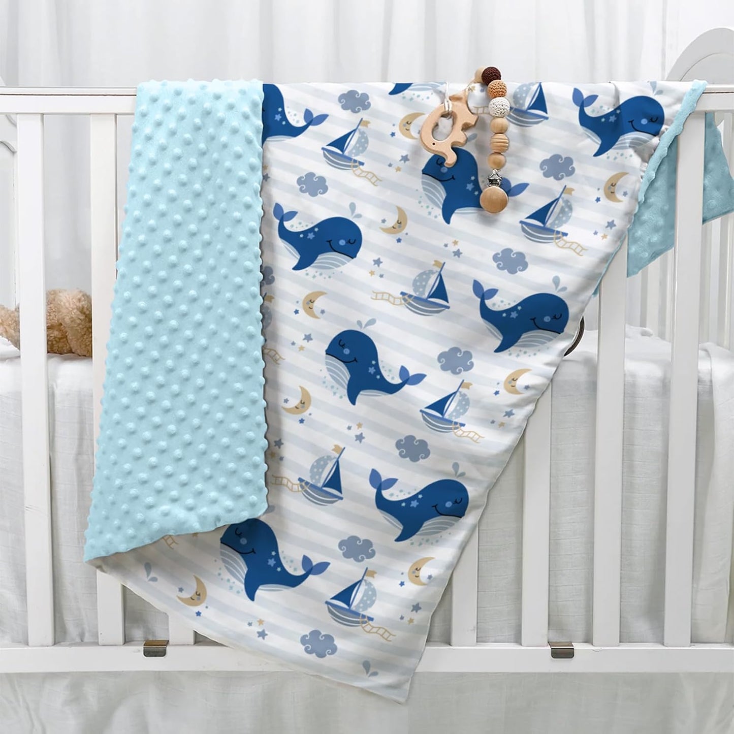 Whale Kid Blanket for Boys or Girl 30x40 - Soft Kids Throw Minky Blankets with Dotted Backing - Nursery Crib Blanket