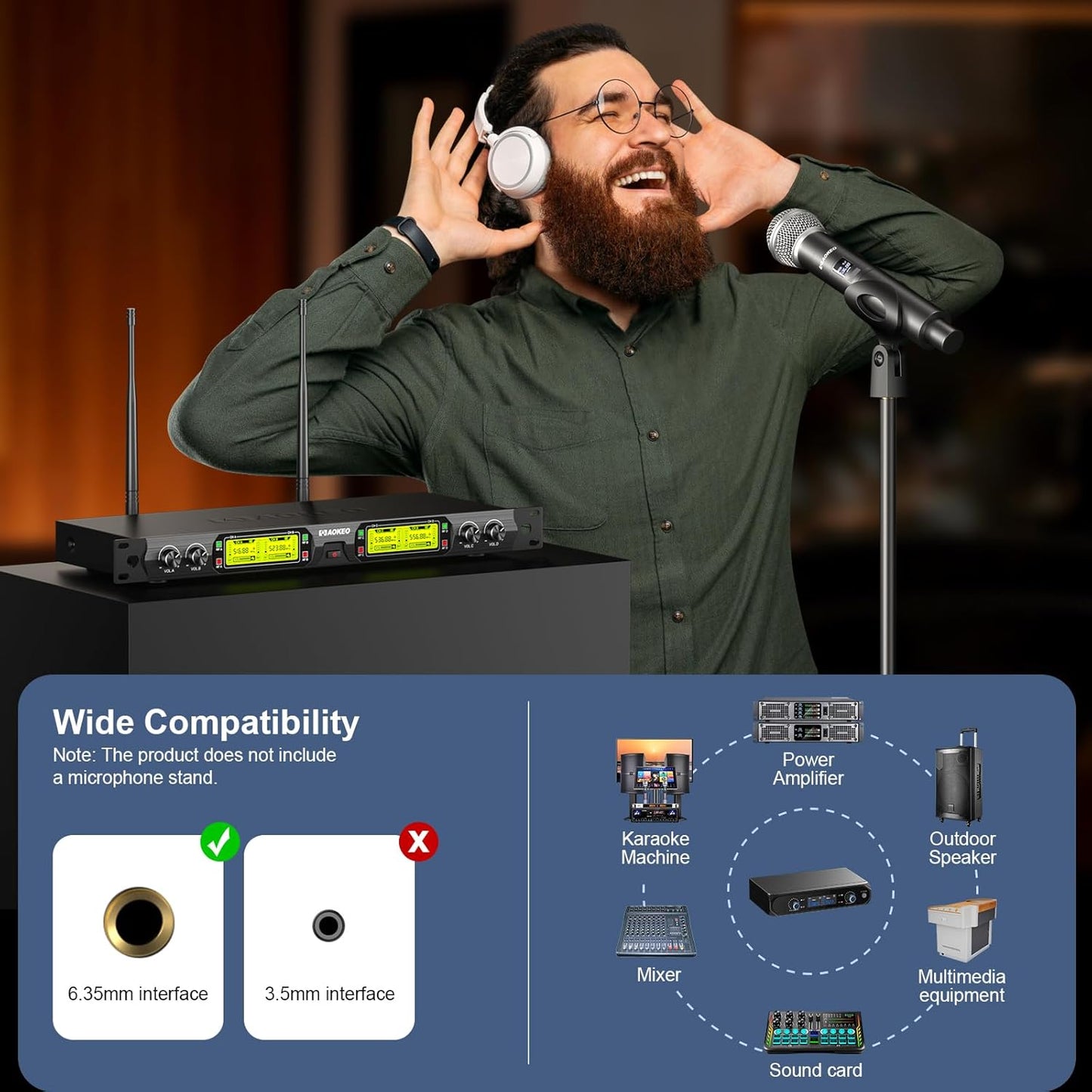 Aokeo Wireless Microphones System, 4 Channel UHF Wireless Mics,with 4 Handheld Dynamic Microphones,Metal Receiver for Karaoke,Singing,Wedding,Party,Speech,Church