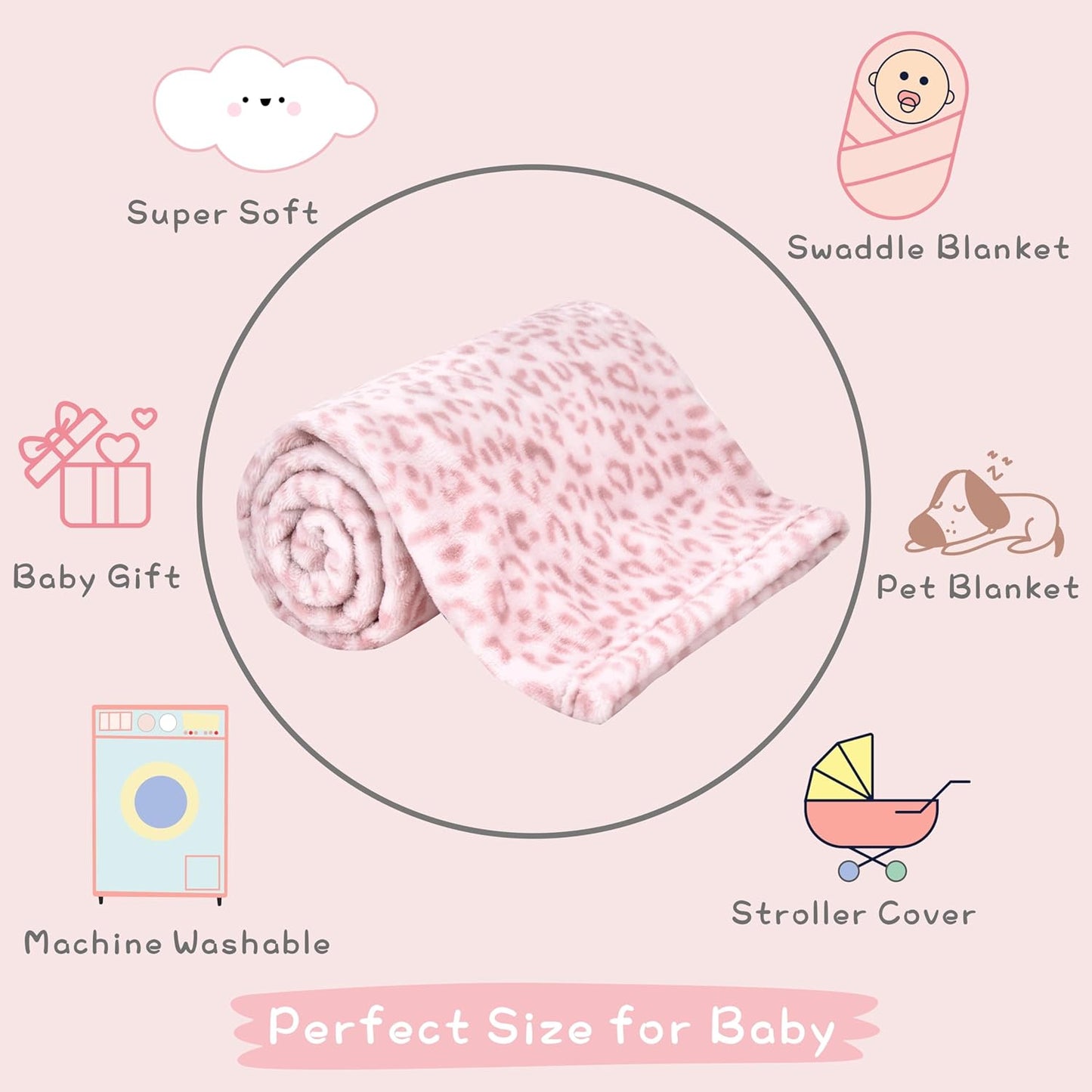 Yurhap Leopard Print Baby Blanket Fleece Baby Blankets for Girls, Ultra Soft Cozy Fluffy Infant Toddler Newborn Receiving Blankets for Crib Stroller, 30"x40", Light Pink
