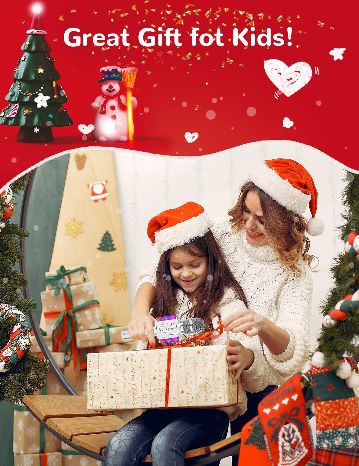 Amazmic Kids Karaoke Microphone Machine Toy Bluetooth Microphone Portable Wireless Karaoke Machine Handheld with LED Lights, Gift for Children Adults Birthday Party, Home KTV(Silver)