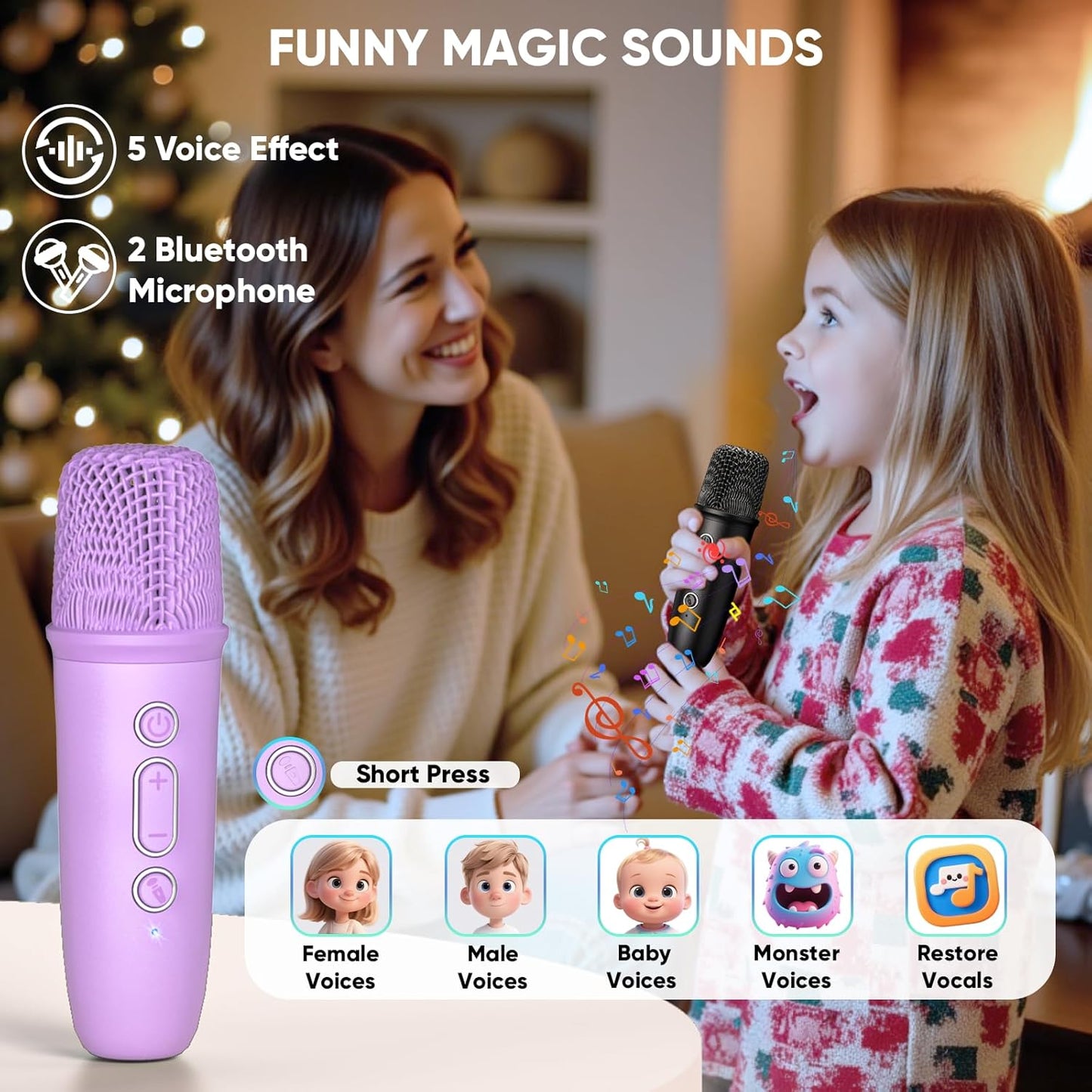 Karaoke Machine with Disco LED Lights for Adults Kids, Portable Bluetooth Speaker with 2 Wireless Microphone, Gifts Toys for 3-12+ Kids Birthday Family Home Party