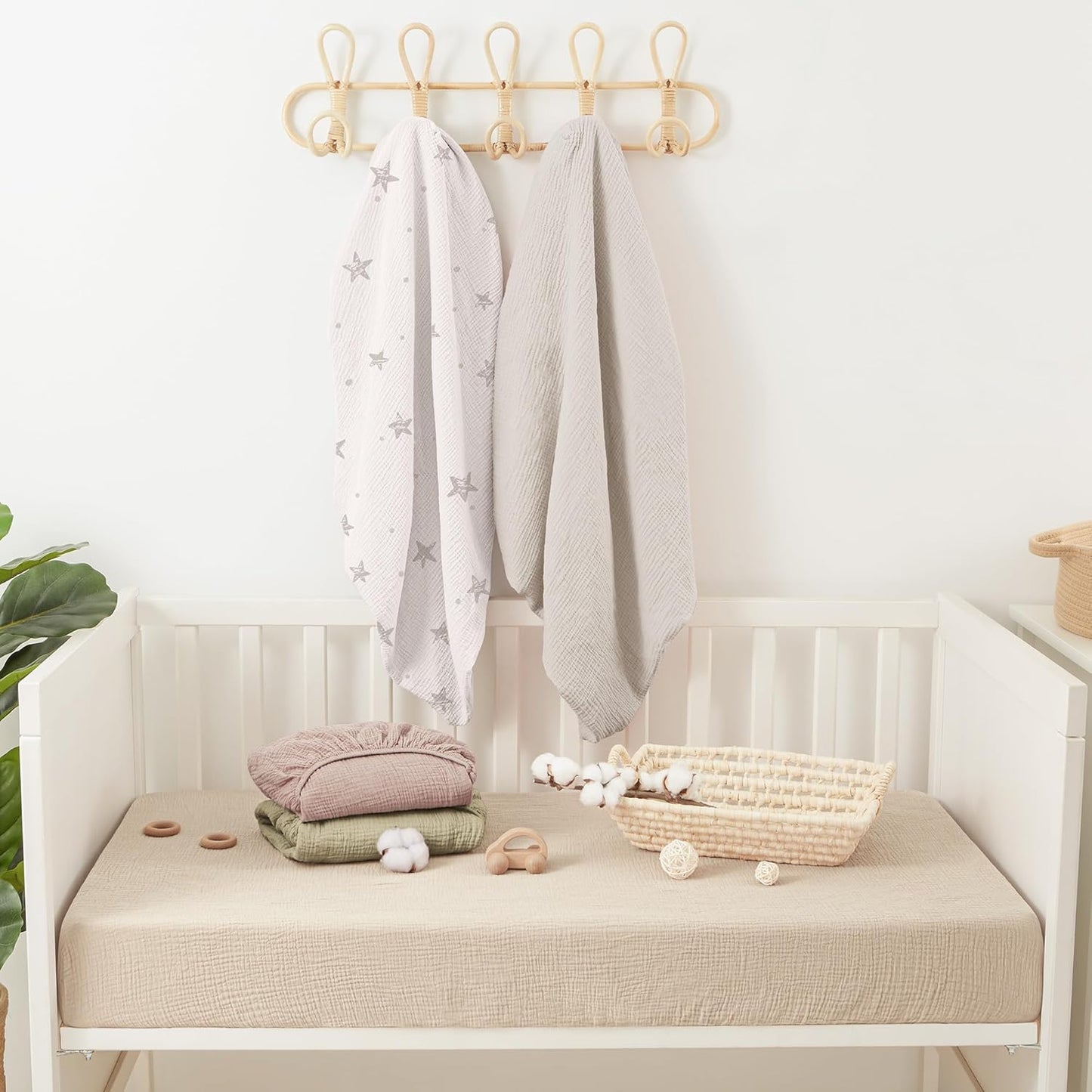 Bearmoss Muslin Mini Crib Sheets for Pack N Play Mattress - 100% Cotton - 38"x24" Soft Breathable Playard Baby Crib Sheets Neutral for Boys Girls - 2 Pack (White Star)