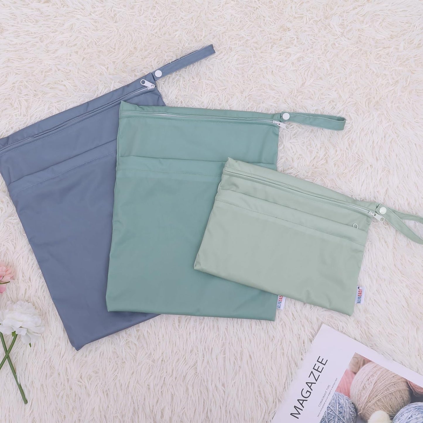 ALVABABY 3 Cloth Diaper Wet Dry Bags Waterproof Reusable with Two Zippered Pockets Travel Beach Pool Daycare Soiled Baby Items Yoga Gym Bag for Swimsuits or Wet Clothes Small medium Large3L-SML04