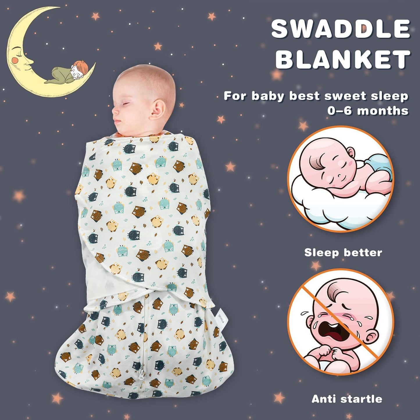 Swaddle-Blanket Baby Girl & Boy Swaddles Newborn Infant Transition 100% Cotton Wrap Blankets, 3-Way Adjustable Wearable Blanket, TOG 1.0 (Owl 0-3 Month)