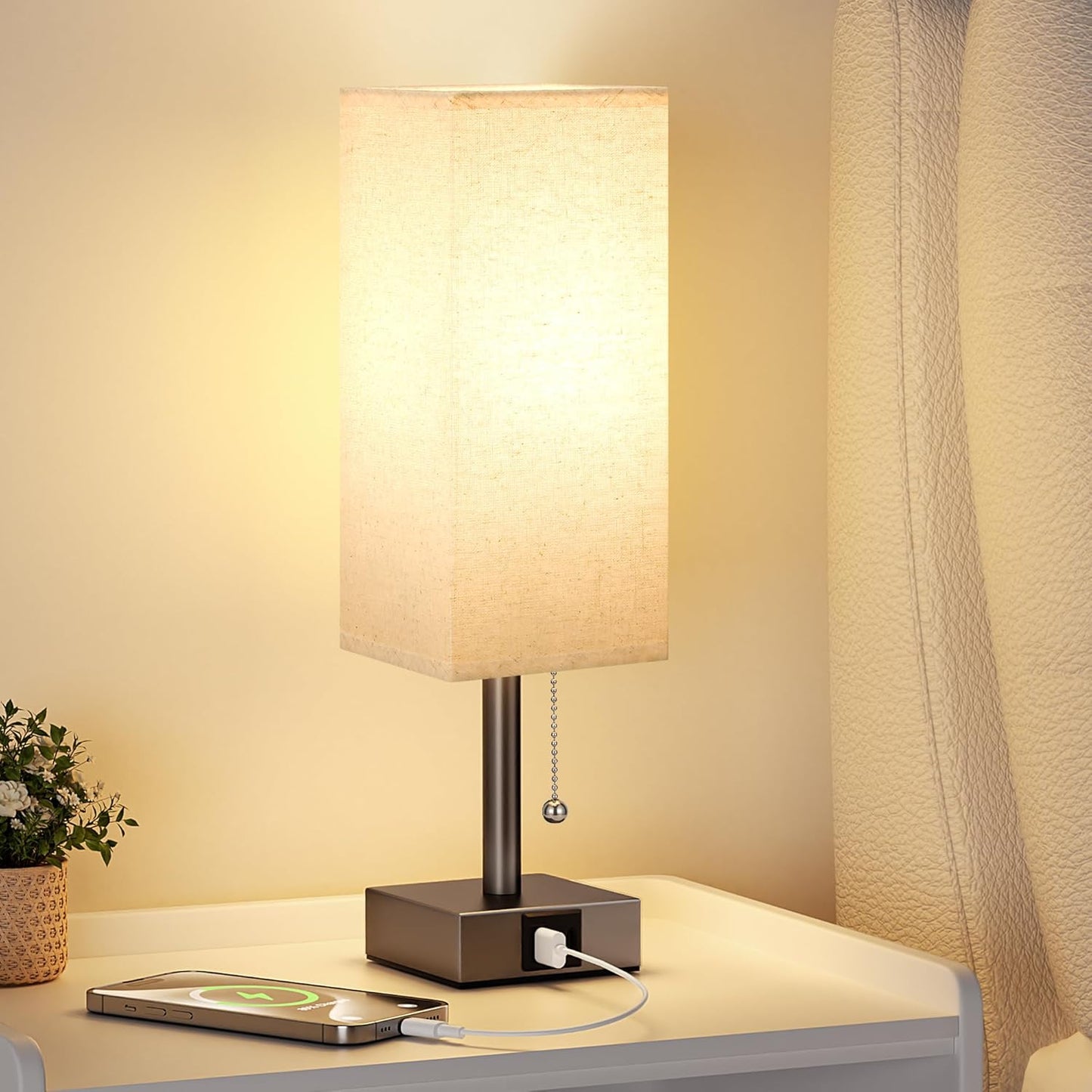 aooshine Beige Small Table Lamp for Bedroom - 3 Color Temperature 3000K 5000K 4000K Bedside Lamp, Pull Chain Control, USB A and C Ports, Brown Base, Bulb Included