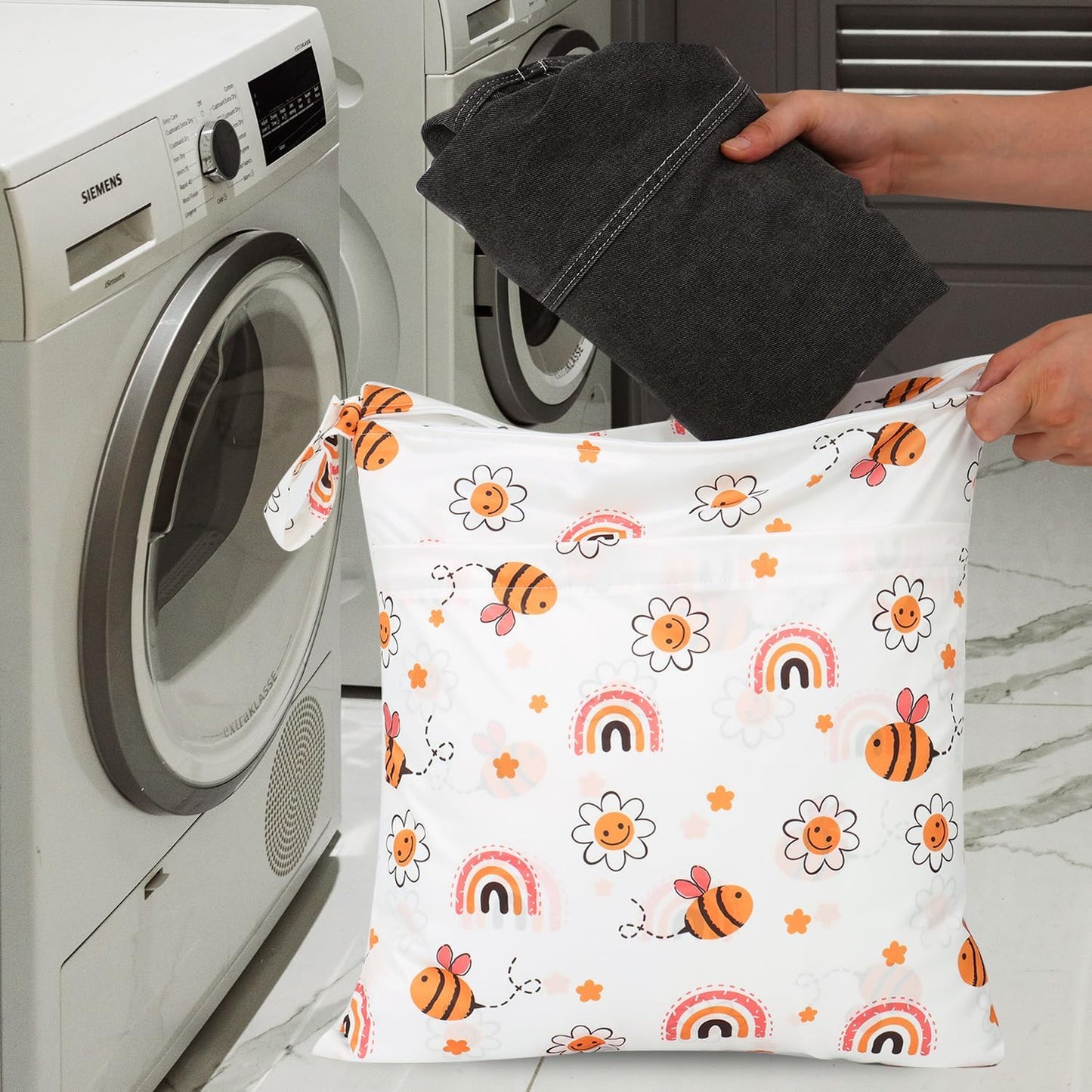 2pcs Travel Waterproof Laundry Bag, Cloth Diaper Wet Dry Bags with Handle & 2 Zipper Pockets, Reusable Washable Dirty Clothes Bag for Baby Adult Travelling Hanging, Bathing Beach Pool Daycare