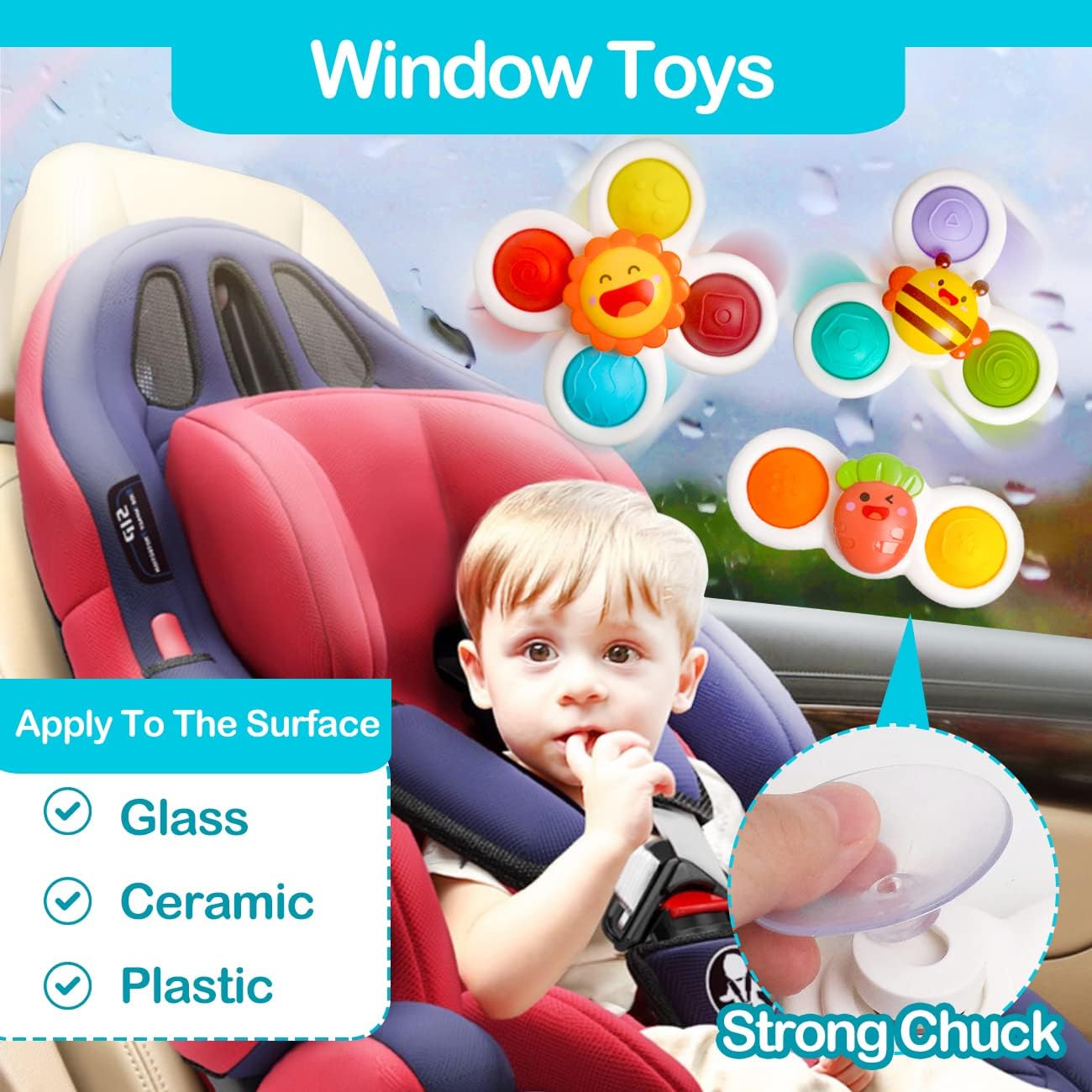 3PCS Suction Cup Toy for Baby 12-18 Months Spinning Sensory High Chair Toys Car Window Airplane Travel Toys First Birthday Easter Gift for Toddlers 1 2 3 Year Old Boys Girls