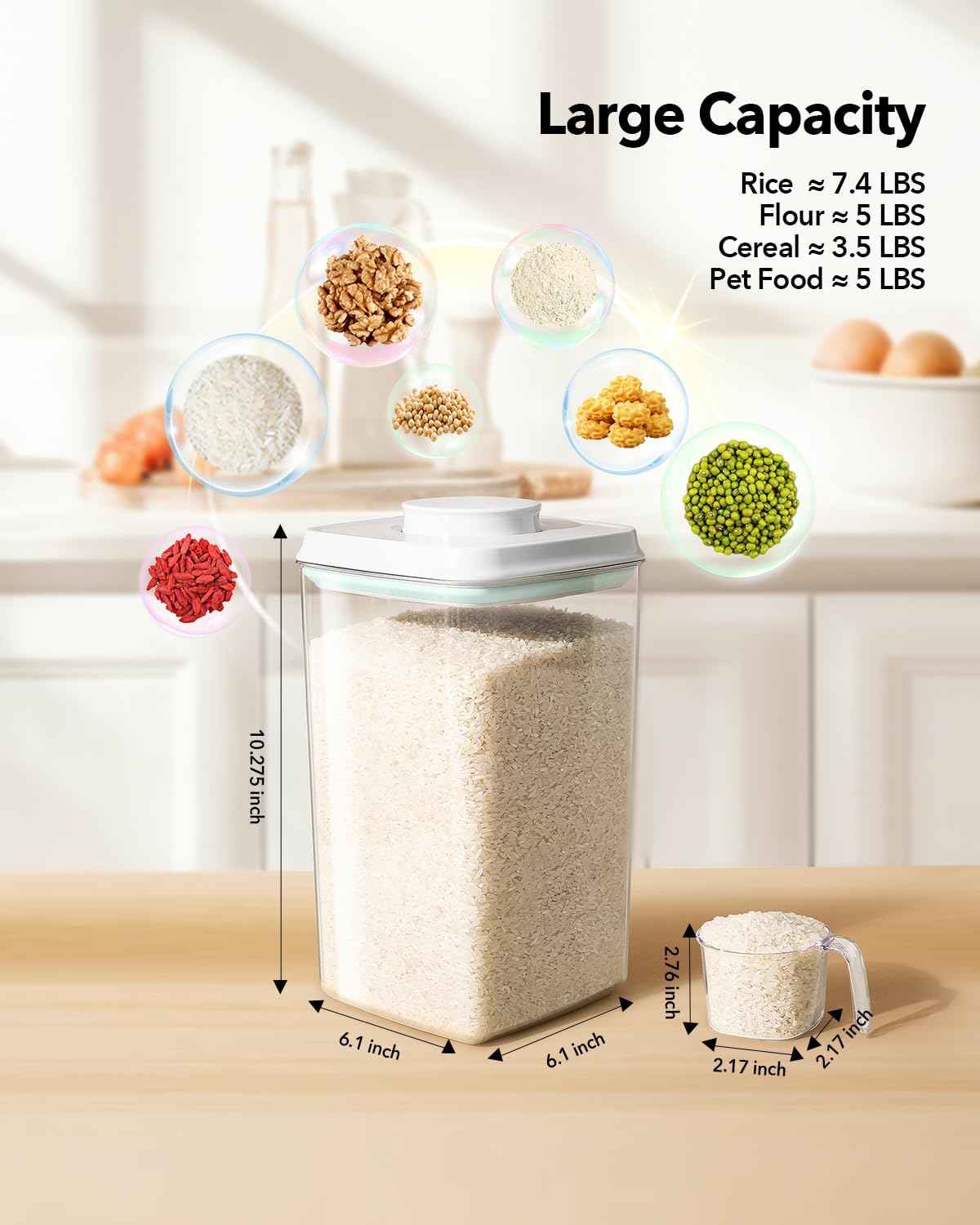 Ankou Airtight Food Storage Container with Pop Lid & 130ml Scoop, 4L/4.2qt *4 BPA-Free Cereal, Rice, Flour, Pasta & Snack Container, Stackable & Durable,Kitchen Pantry Organizer