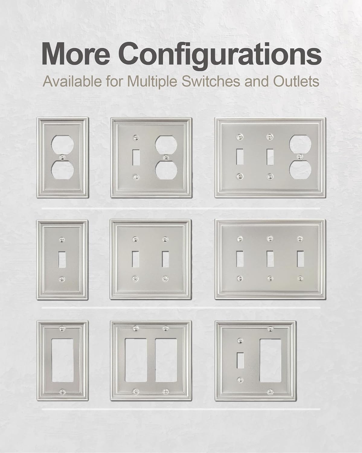 6-Pack Satin Nickel Outlet Cover, Single Duplex Wall Plate for Electrical Outlet, Light Switch, Durable Metal, 3.15''*4.88'', Midsize