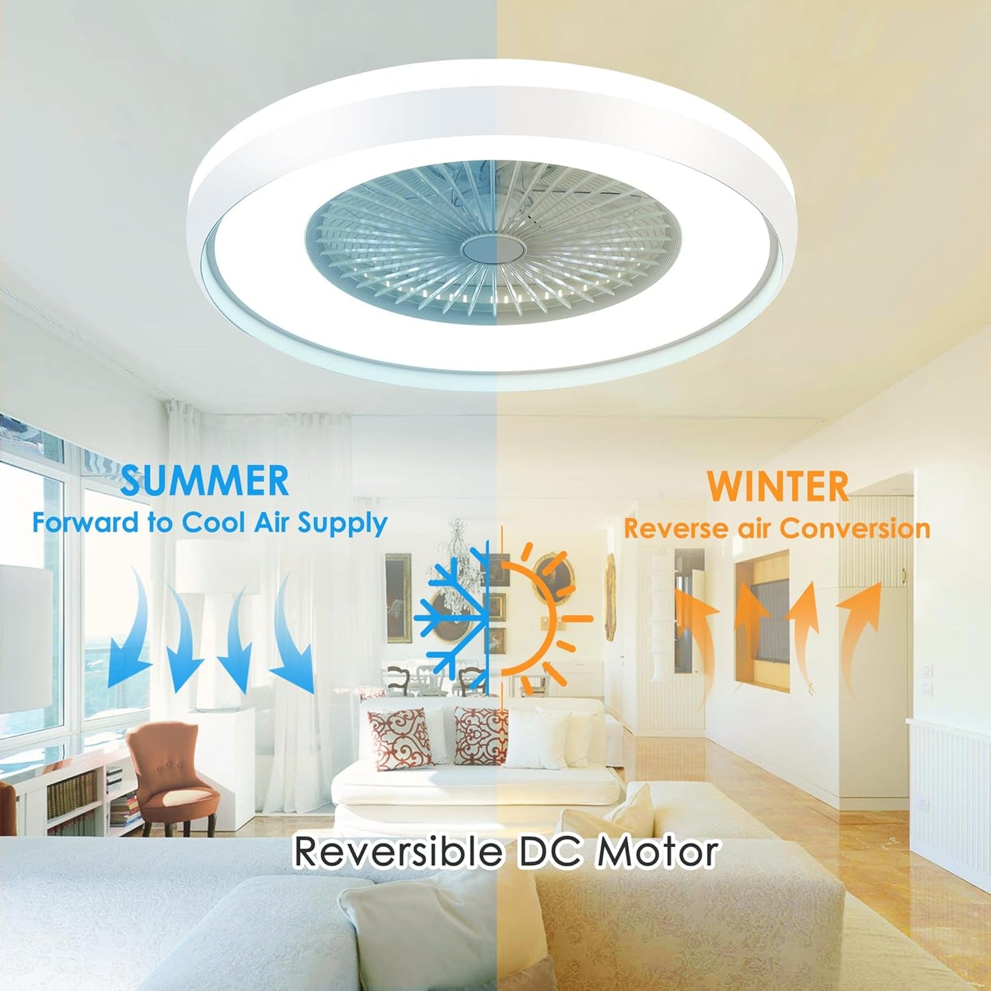 24" Bladeless Ceiling Fan with RGB Light Remote, Smart LED Ceiling Fans with Voice/App Control, Modern Low Profile Dimmable Light Ceiling Fan for Bedroom Living Room