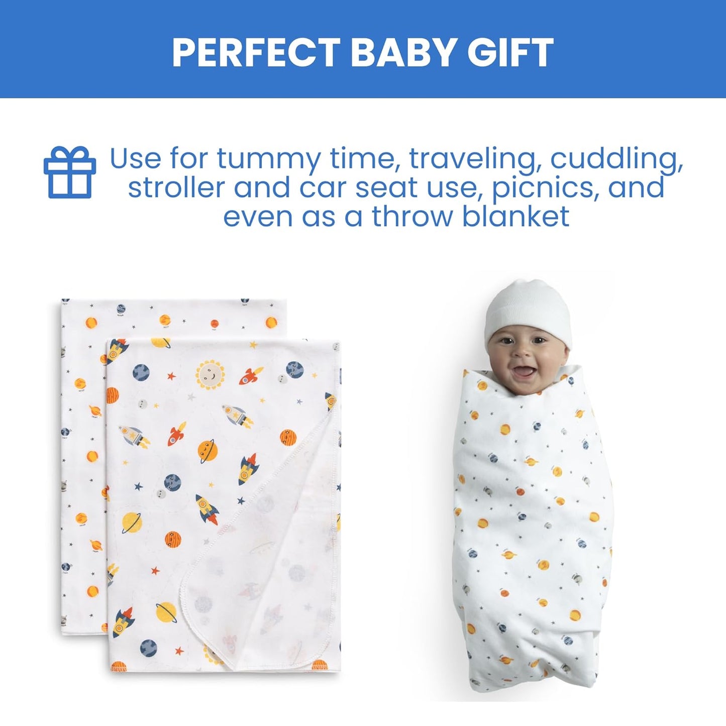 Delta Children 100% Cotton Flannel Baby Receiving Blankets for Girls and Boys – 30x30 Inches (Pack of 2), Space Exploration