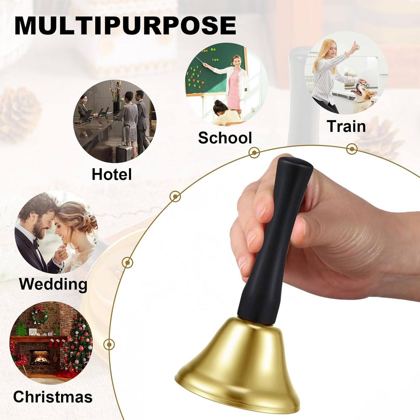 34 Pieces Metal Hand Bells,Kabcifea Gold Call Bell Dinner Service Bell Small Hand Held Bells with Black Wooden Handles for School Church Classroom Wedding Decorative