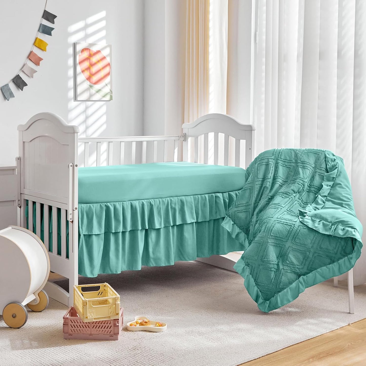 Tufted Ruffle Crib Bedding Set 3 Pieces Baby Girls Boys Boho Quilted Comforter with Fitted Sheet and Bed Skirt - Cute Ruffled Shabby Chic Baby Bedding Soft Blanket Design Teal Blue