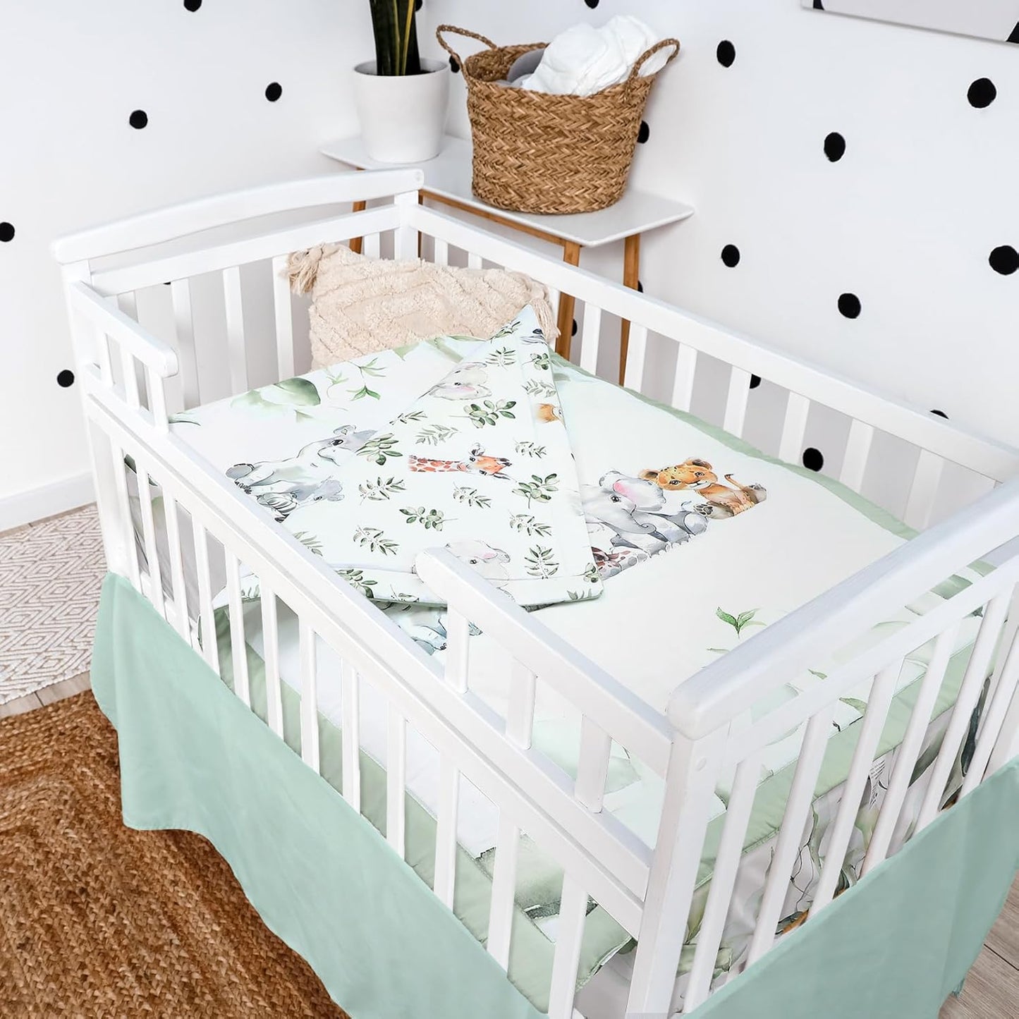 3 Pcs Baby Crib Bedding Set Safari Animals Dinosaurs Bear Woodland Animals Jungle Crib Set Includes Quilt, Fitted Sheet, Skirt for Baby Boy Girl(Light Blue,Safari)