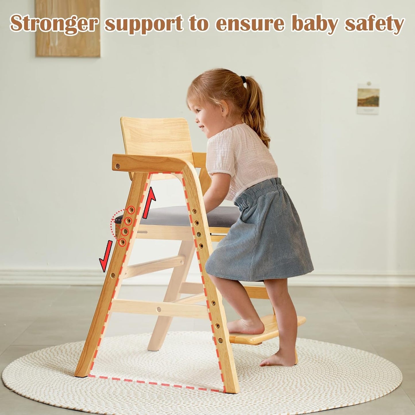 Solid Wood high Chairs for Toddlers,High Chair Grows with Kid for Dining, Study Chair for Children, Light Brown