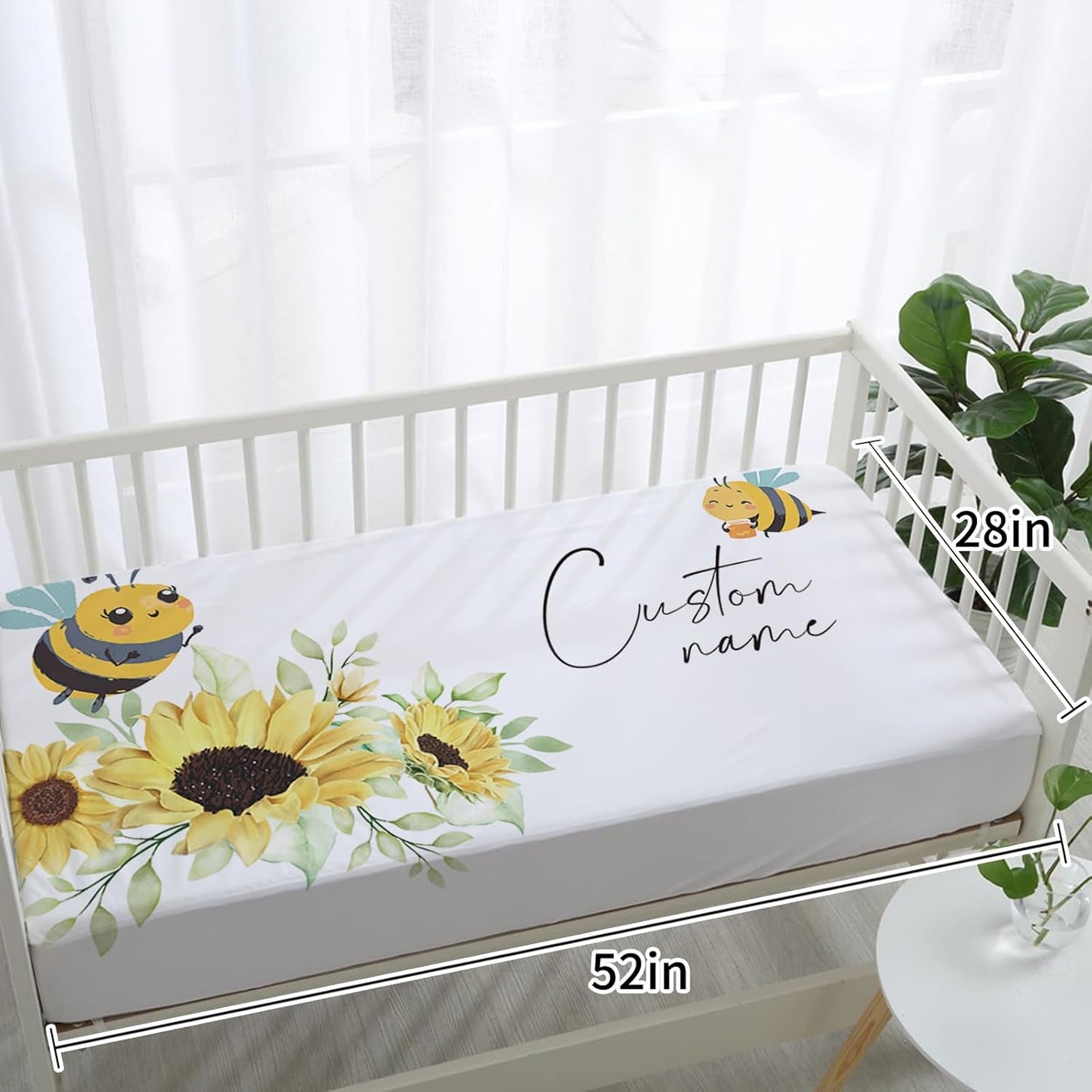 Personalized Baby Crib Bedding Set for Baby Girls, Yellow Bee Pattern Custom Name Baby Crib Sets 5-Pcs, Toddler Double Layer Blanket Fitted Sheets Changing Pad Cover Rug Wall Art Set