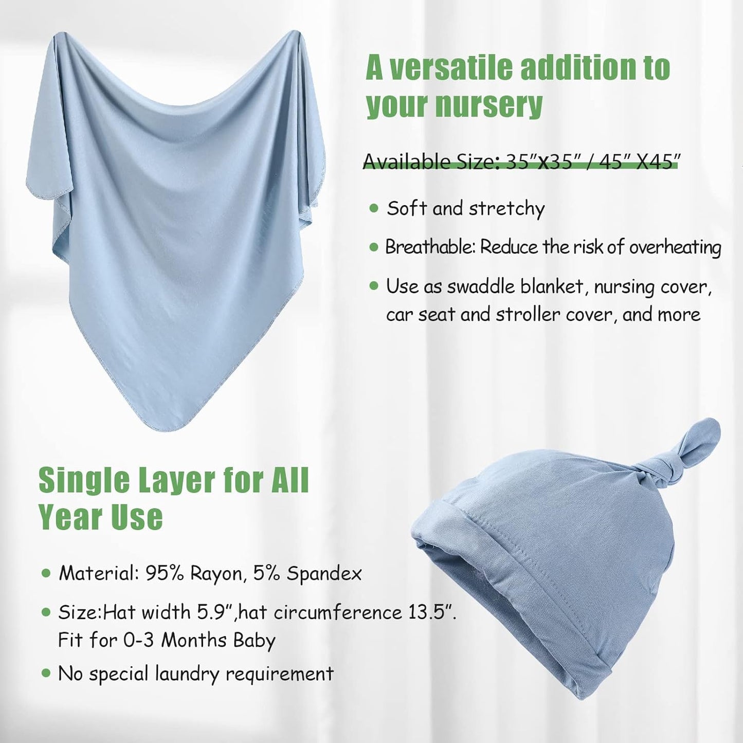 iEvolve Cotton Knitted Baby Swaddle Blanket with Hat Headband Set Newborn Swaddle Wrap Receiving Blankets for Baby Girl Boy 35" x 35"(Lightblue)