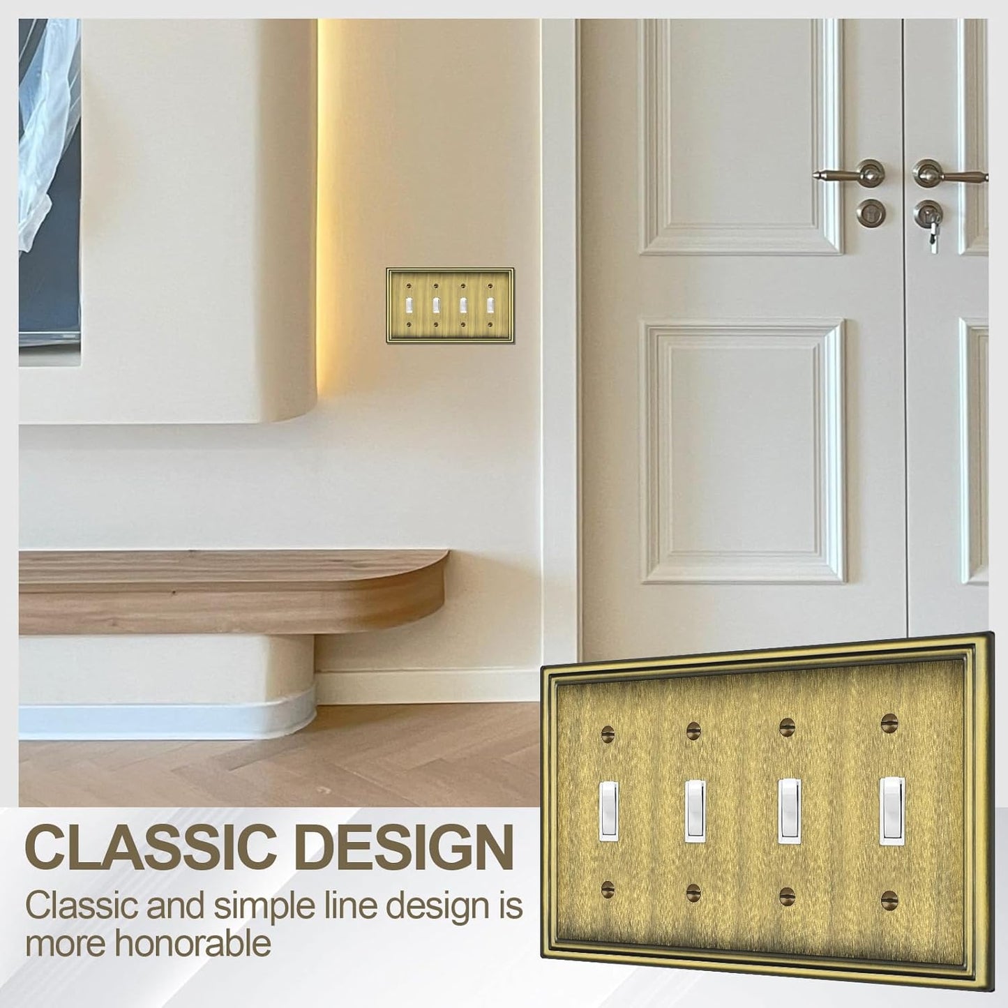 2 Pack Quad Toggle Light Switch Covers Plate, Antique Brass Metal Material Switch Plate Covers, 4 Gang Wall Plate for Light Switch - Classic Style