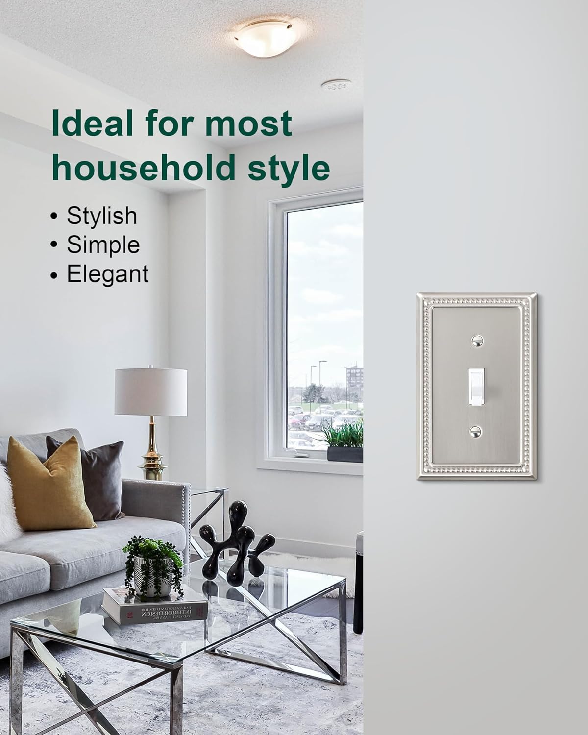 4-Pack Single Toggle Light Switch Cover Plate, Pearls Decorative Switch Plate Covers, Brushed Nickel 1 Gang Metal Wall Plate