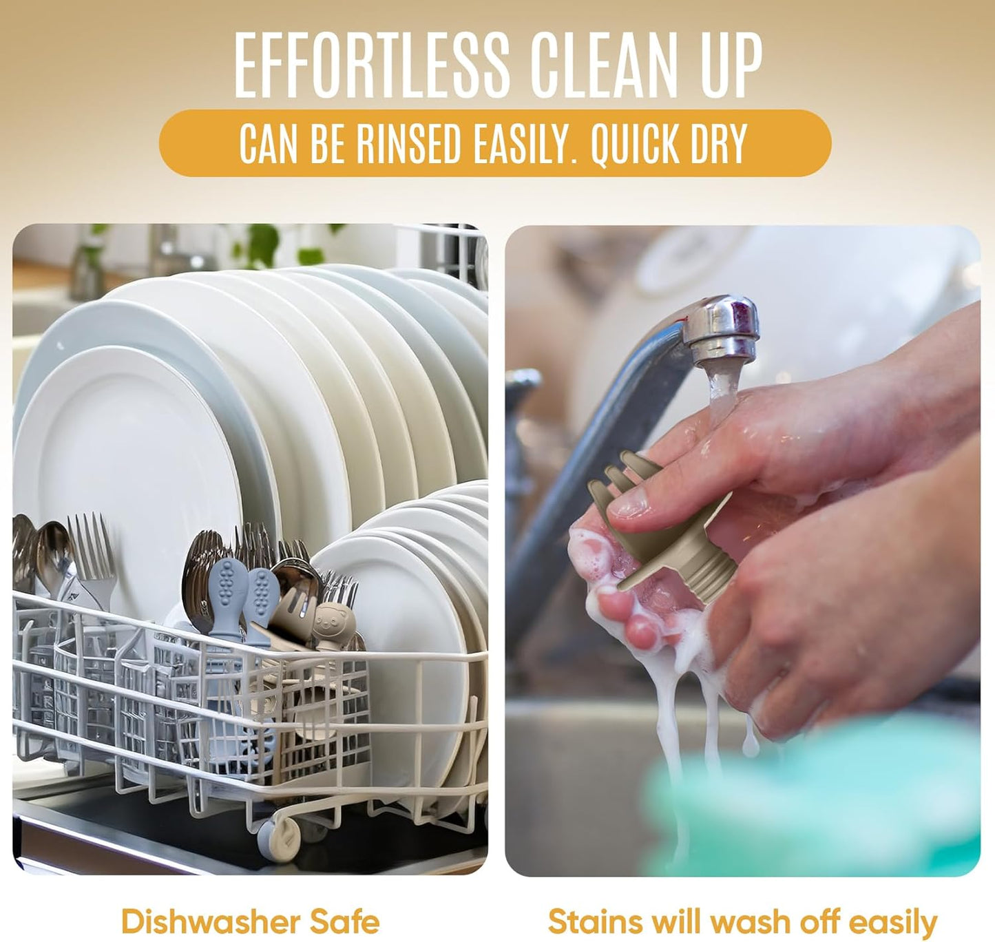 4pc Silicone Baby Spoons Self Feeding Baby Utensils 6-12 Months - 3 Baby Spoon - 1 Baby Fork - Toddler Cutlery Set - BPA Free, Dishwasher Safe - Baby Eating Essentials (Gray/Beige)